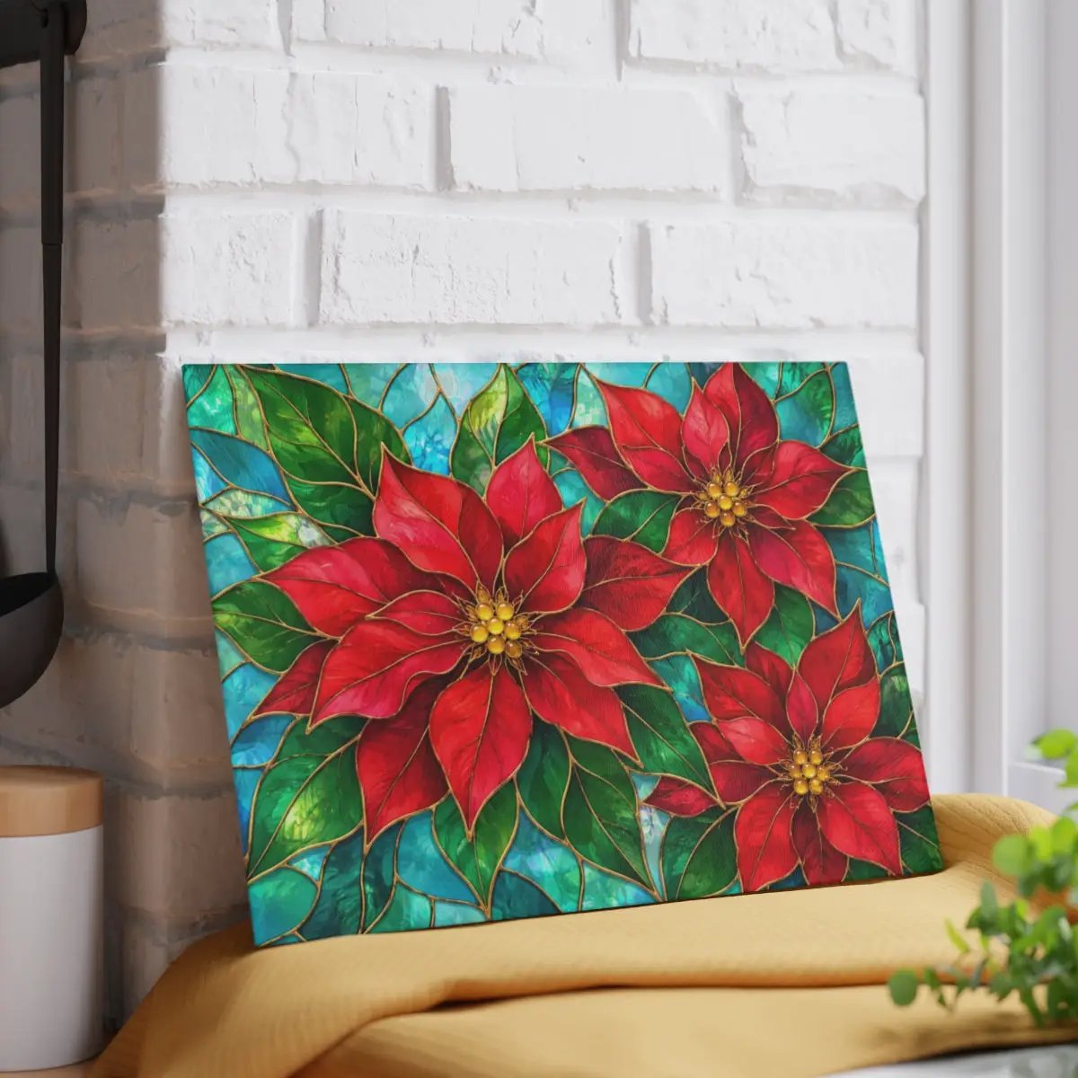 Christmas Poinsettia Glass Cutting Board, Red Floral Kitchen Decor, Tempered Chopping Board, Holiday Cooking Gift for Flower Lovers