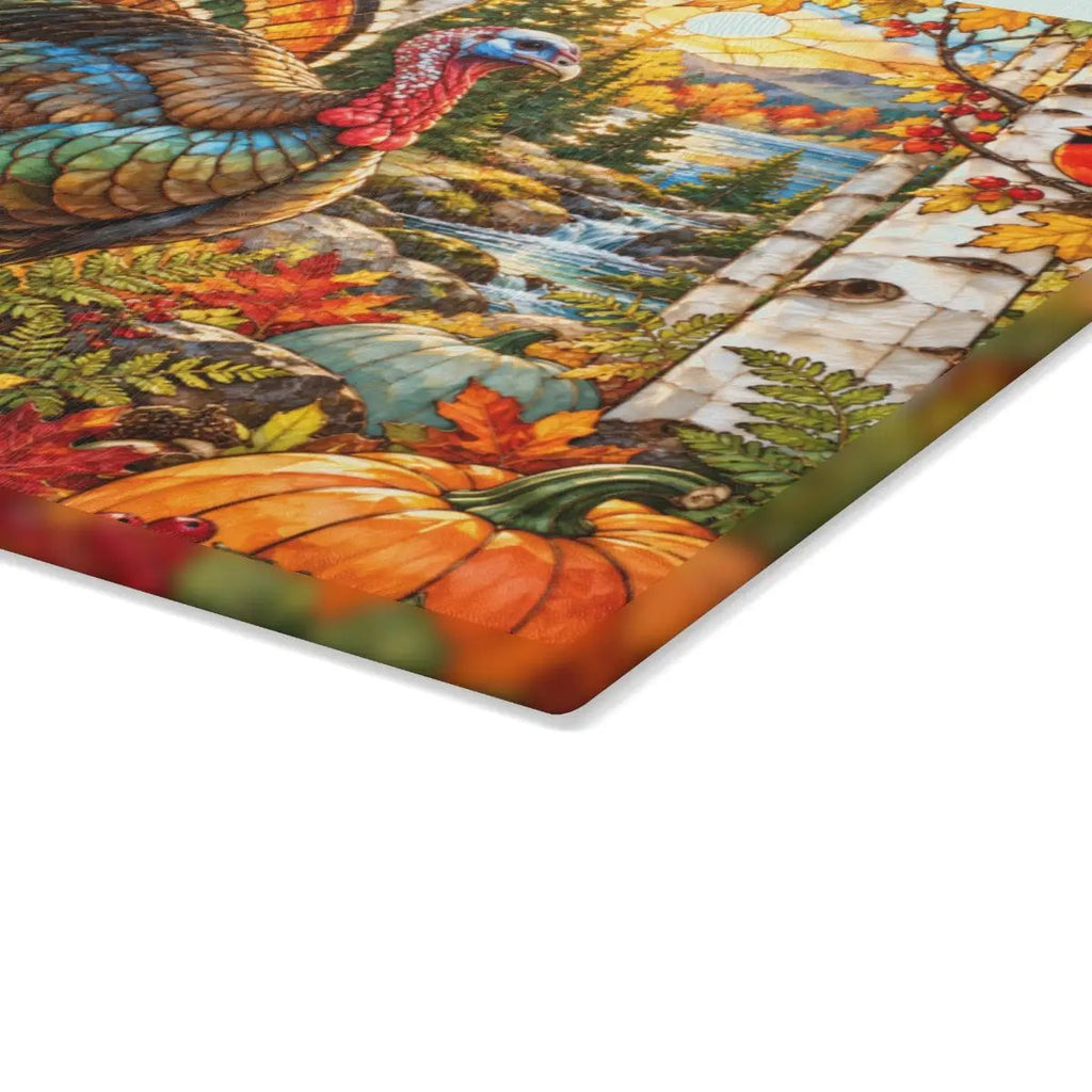 Thanksgiving Turkey Glass Cutting Board, Woodland Turkey Kitchen Decor, Fall Cardinal Birch Forest Cutting Board, Autumn Gift