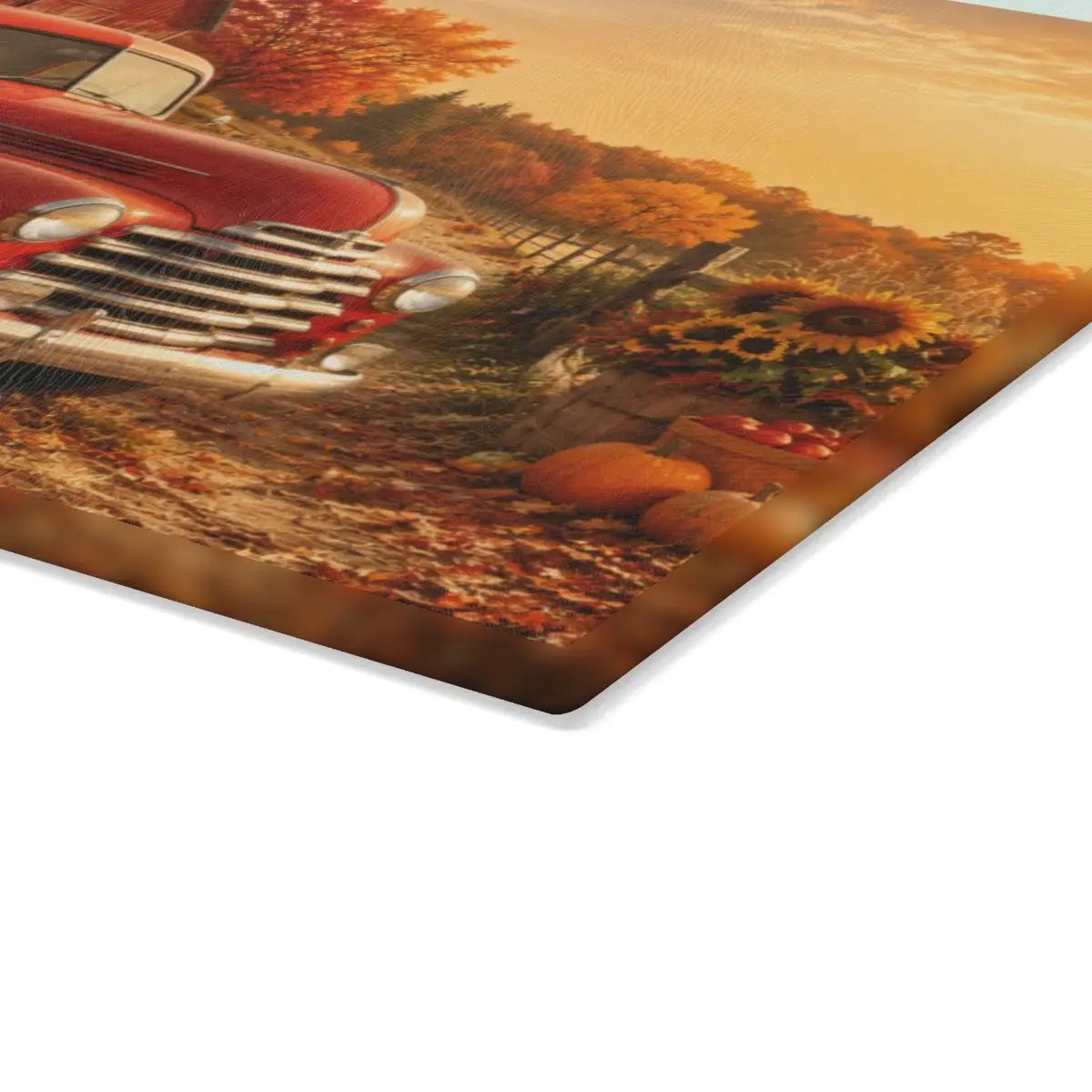 Fall Glass Cutting Board, Red Vintage Truck with Pumpkins and Sunflowers, Autumn Farmhouse Kitchen Decor, Harvest Gift