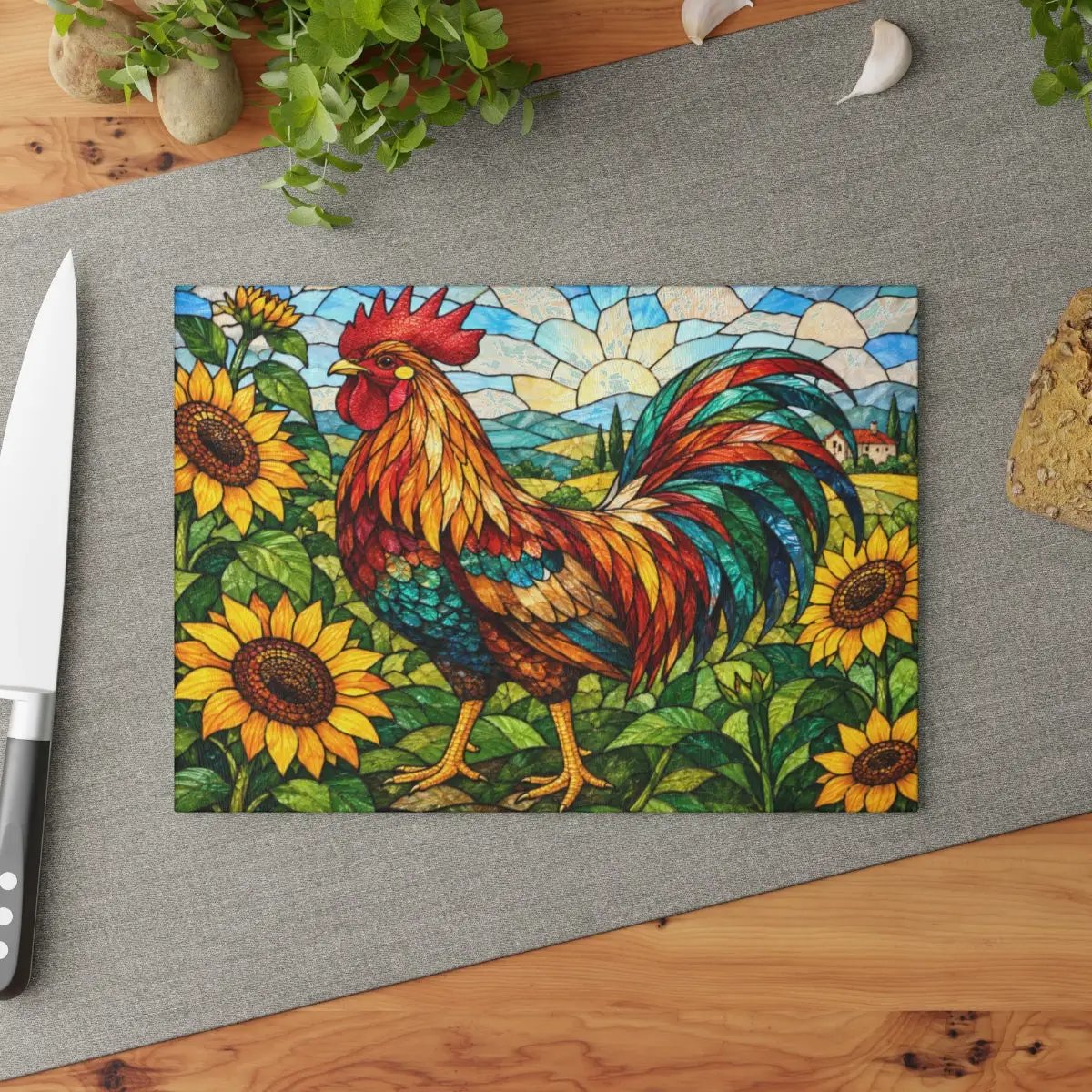 Rooster Glass Cutting Board, Sunflower Kitchen Decor, Colorful Farmhouse Rooster Art, Country Kitchen Gift, Stained Glass Farm Decor