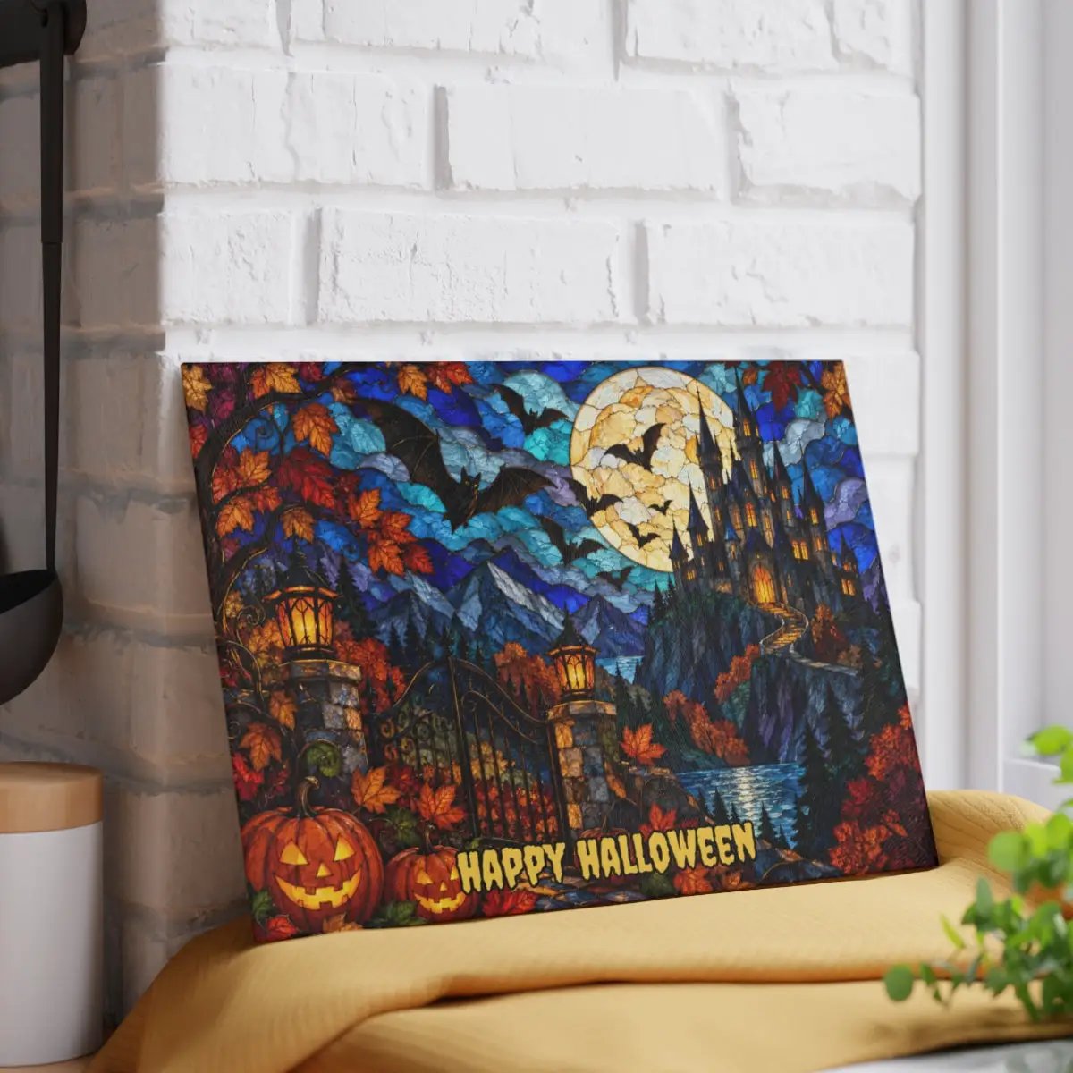 Halloween Castle Personalized Glass Cutting Board, Gothic Haunted House Kitchen Decor