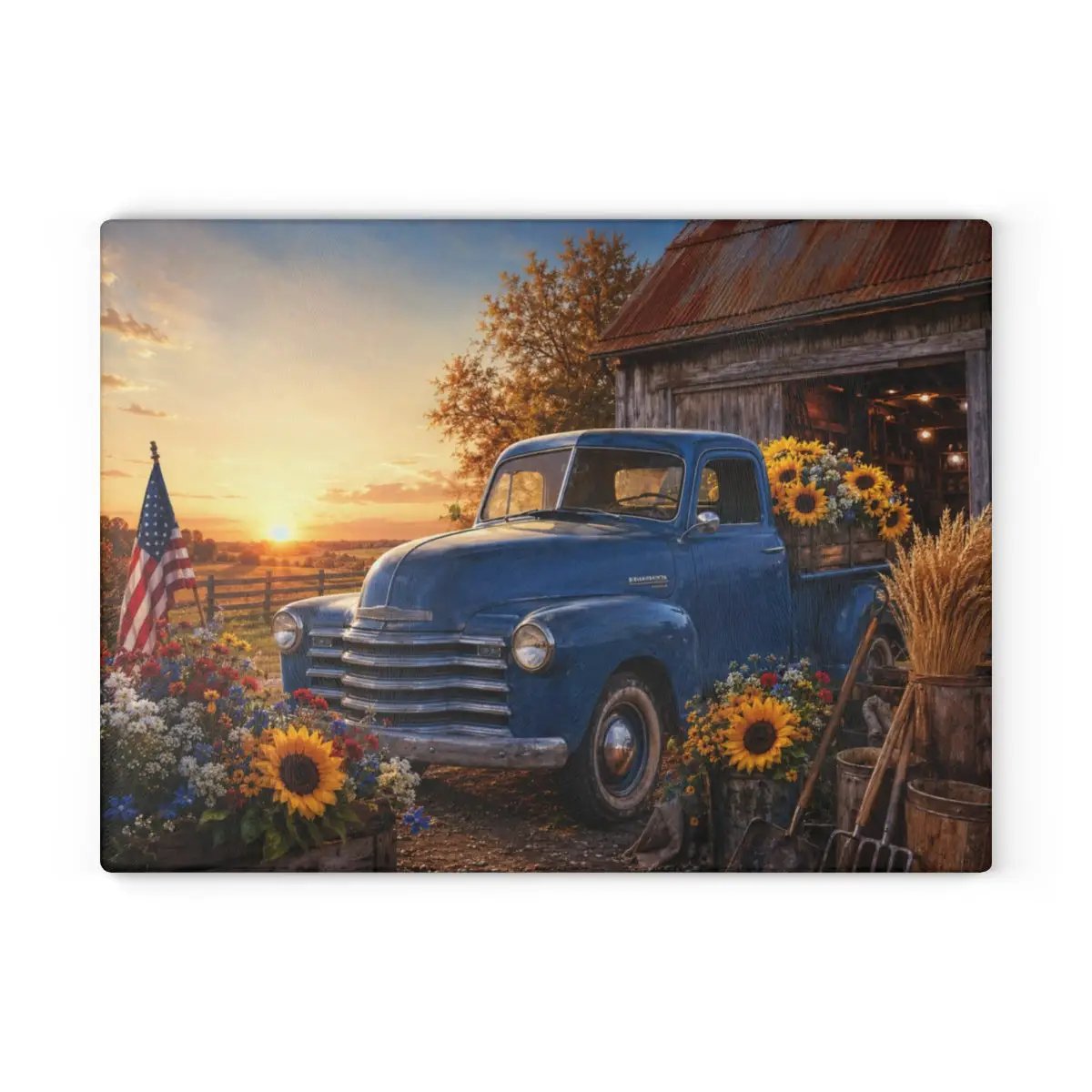 Blue Vintage Truck Glass Cutting Board, Sunflower Farmhouse Kitchen Decor, Country Americana Cutting Board, Rustic Farmhouse Gift
