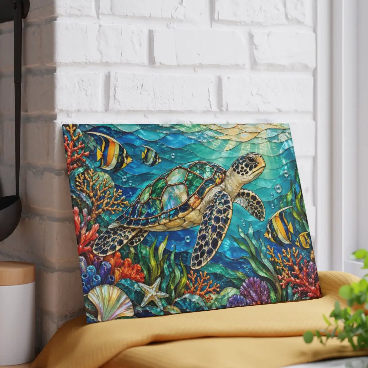 Sea Turtle Reef Glass Cutting Board, Ocean Kitchen Decor, Underwater Coral Sea Life Chopping Board, Coastal Housewarming Gift Idea
