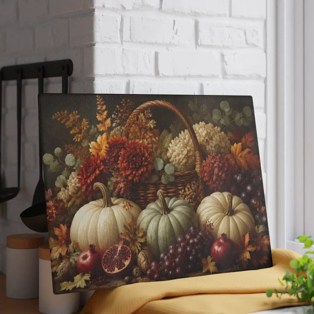 White Pumpkin Glass Cutting Board, Elegant Fall Kitchen Decor, Autumn Floral Cutting Board, Thanksgiving Hostess Gift