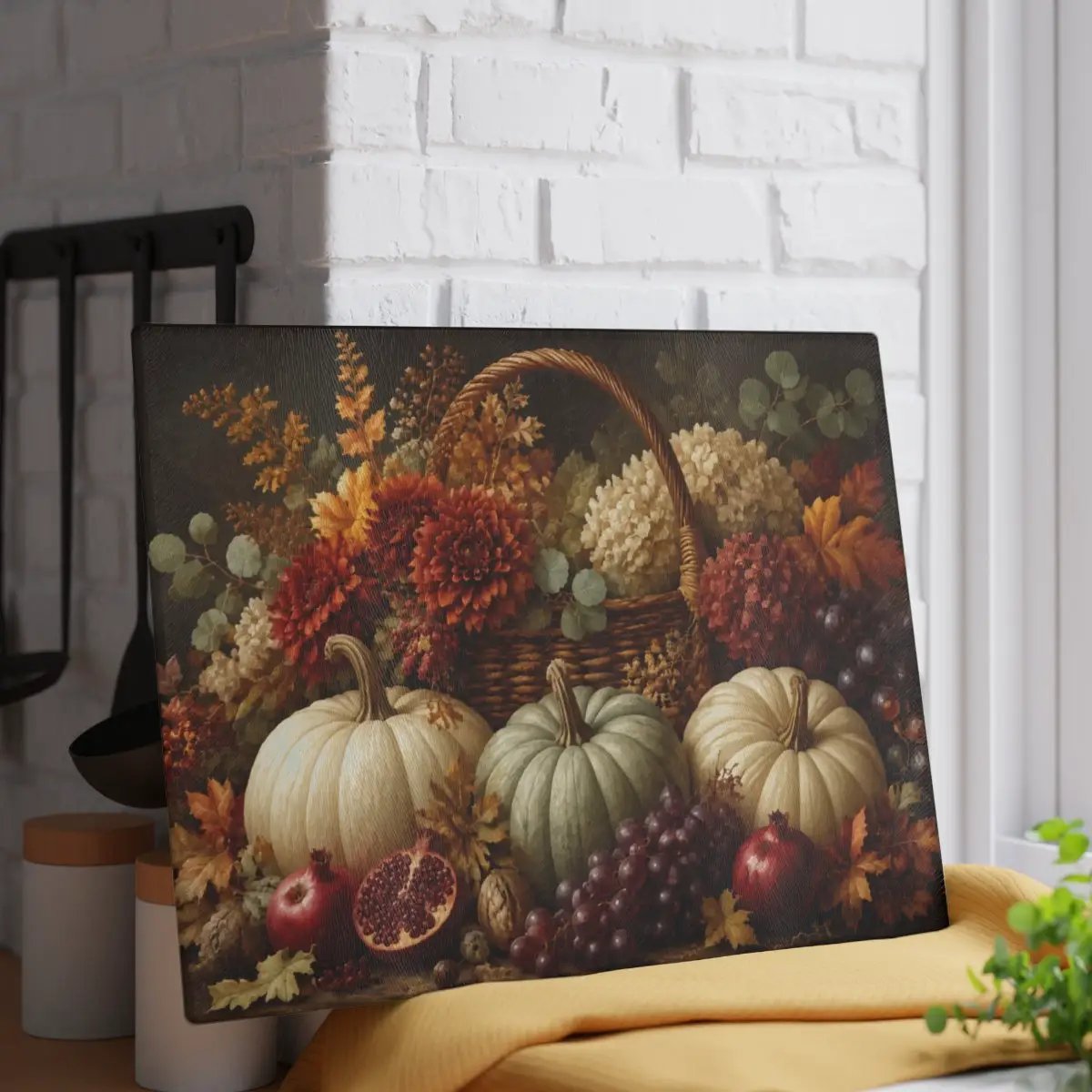 White Pumpkin Glass Cutting Board, Elegant Fall Kitchen Decor, Autumn Floral Cutting Board, Thanksgiving Hostess Gift