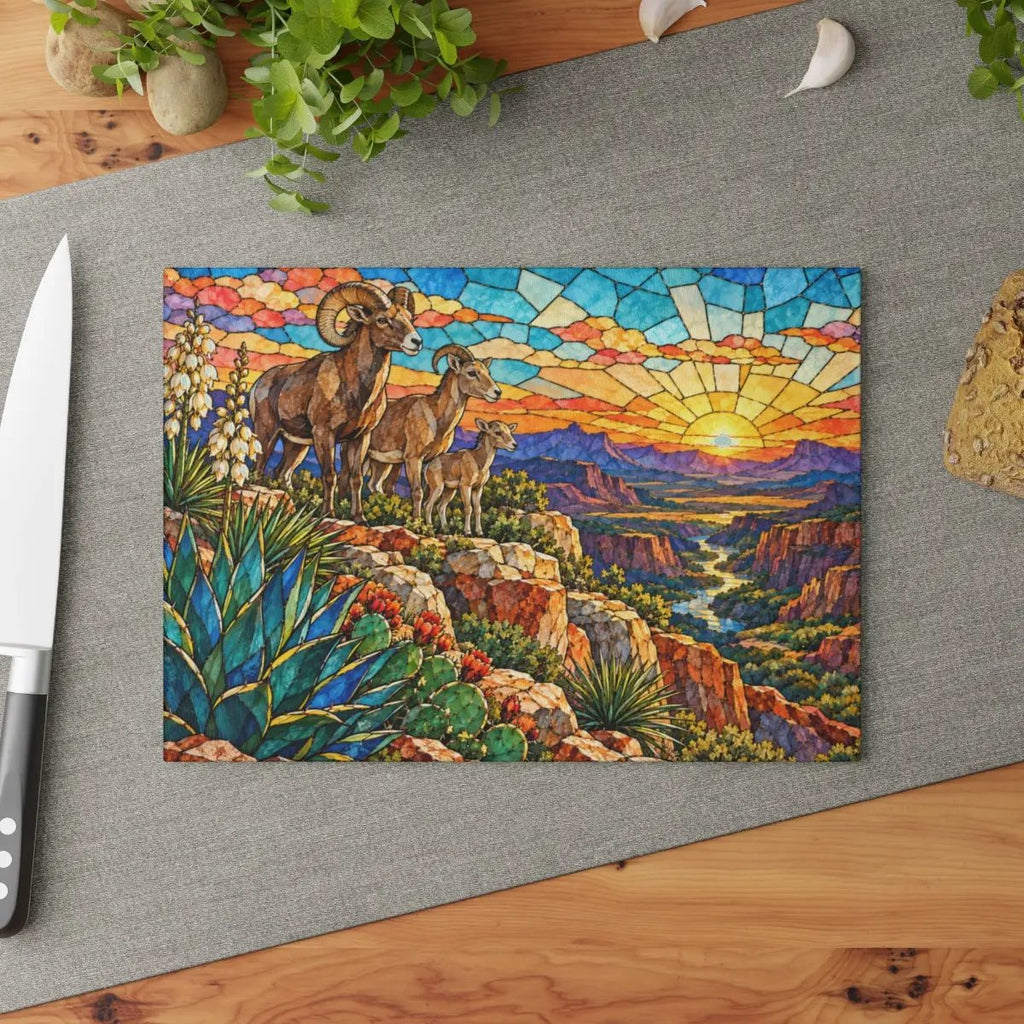 Bighorn Sheep Glass Cutting Board, Texas Wildlife Kitchen Decor, Stained Glass Desert Landscape, Southwestern Cutting Board, Wildlife Gift