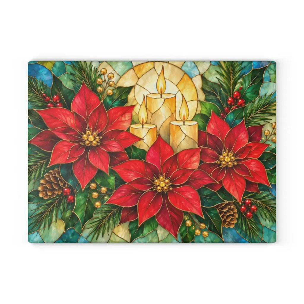 Christmas Poinsettia Glass Cutting Board, Holiday Candle Kitchen Decor, Tempered Chopping Board, Festive Winter Kitchen Gift Idea