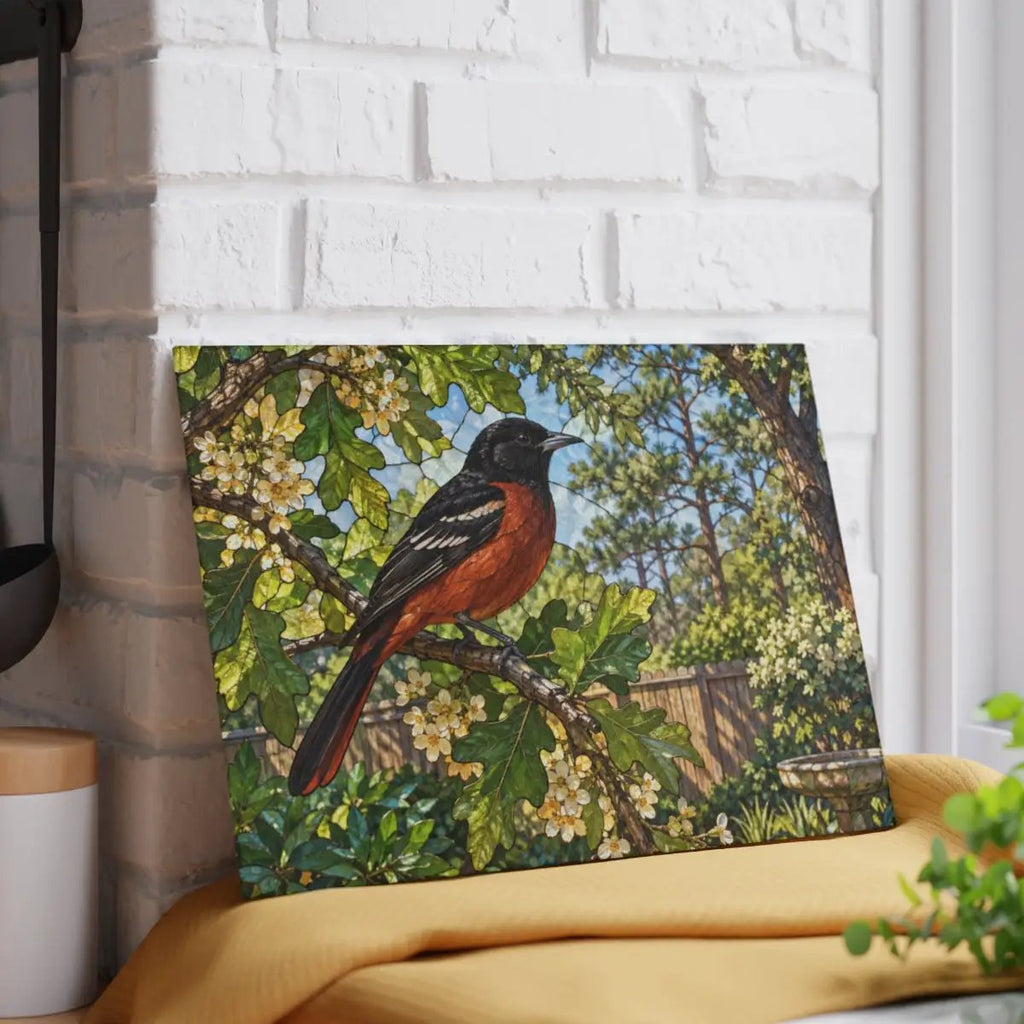 Orchard Oriole Glass Cutting Board, Backyard Bird Kitchen Decor, Oriole Bird Lover Gift, Nature Serving Board, Birdwatcher Gift