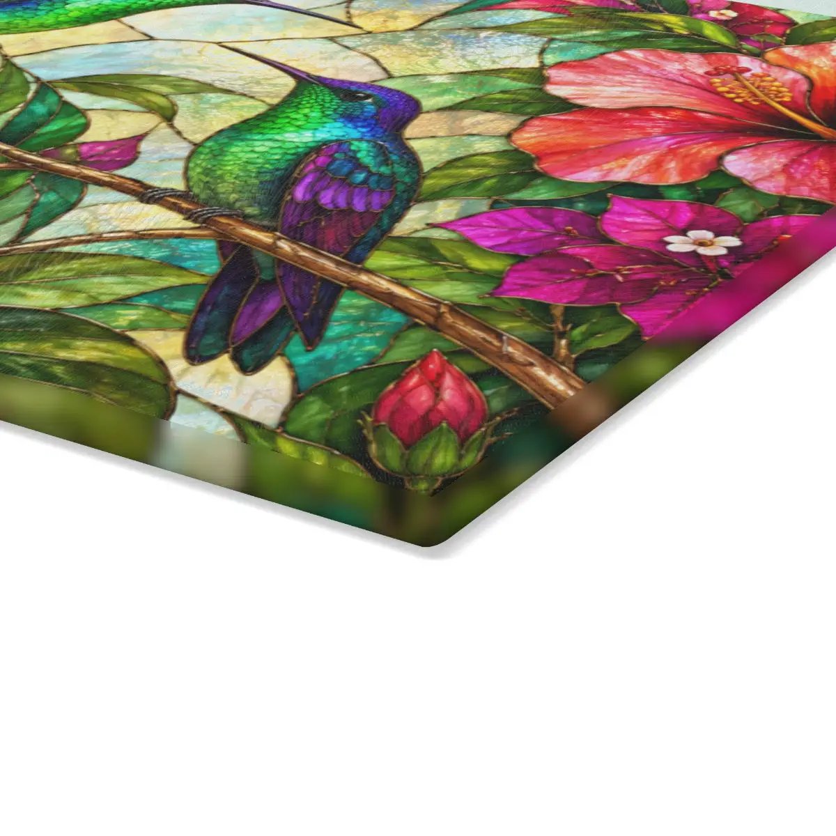 Hummingbird Cutting Board, Stained Glass Bird Decor, Tropical Hibiscus Kitchen Decor, Colorful Hummingbird Gift, Nature Lover Gift