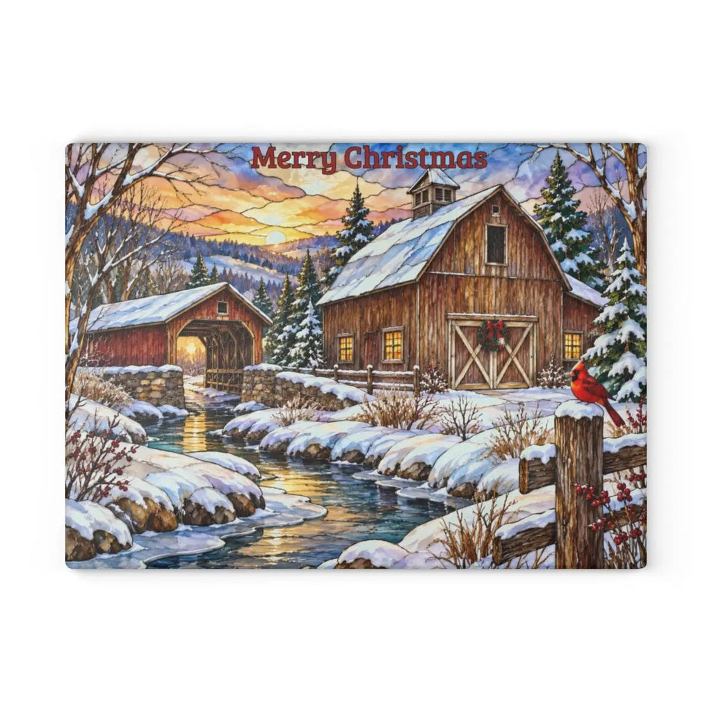 Cardinal Creek Winter Barn Glass Cutting Board, Red Cardinal Farmhouse Kitchen Decor, Country Christmas Gift