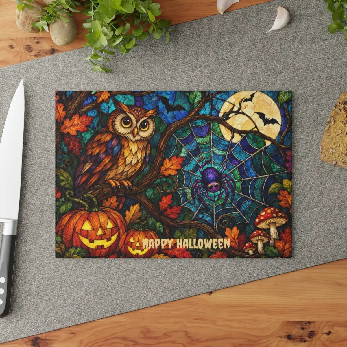Halloween Owl Personalized Glass Cutting Board, Spooky Spider Kitchen Decor