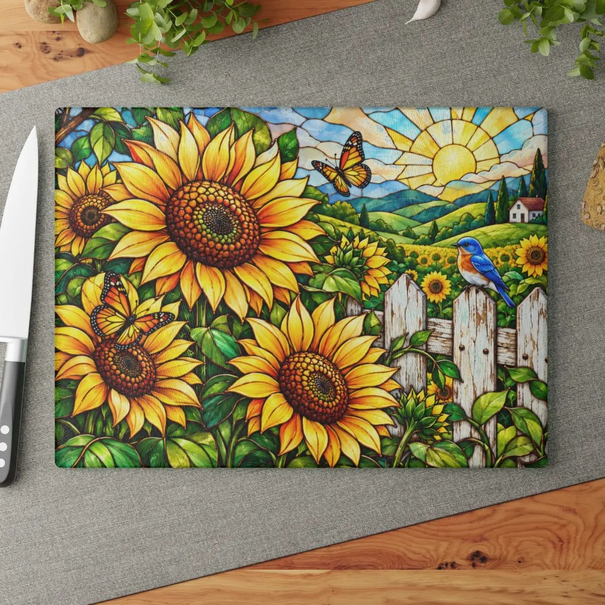 Sunflower Glass Cutting Board, Country Garden Kitchen Decor, Butterfly Sunflower Gift, Bluebird Floral Board, Cottage Kitchen Decor