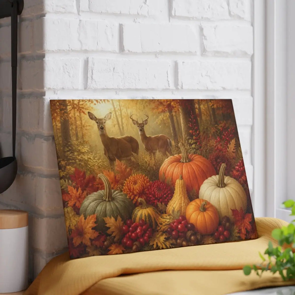 Deer Glass Cutting Board, Woodland Fall Kitchen Decor, Pumpkin Harvest Cutting Board, Rustic Autumn Gift