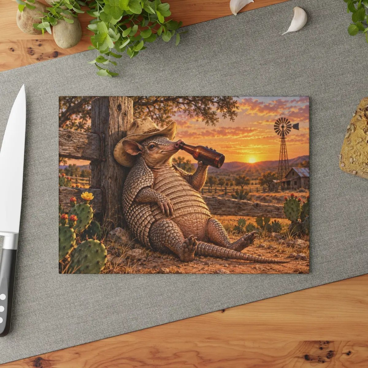 Funny Armadillo Glass Cutting Board, Texas Kitchen Decor, Cowboy Armadillo Gift, Western Kitchen Decor, Funny Texas Housewarming Gift