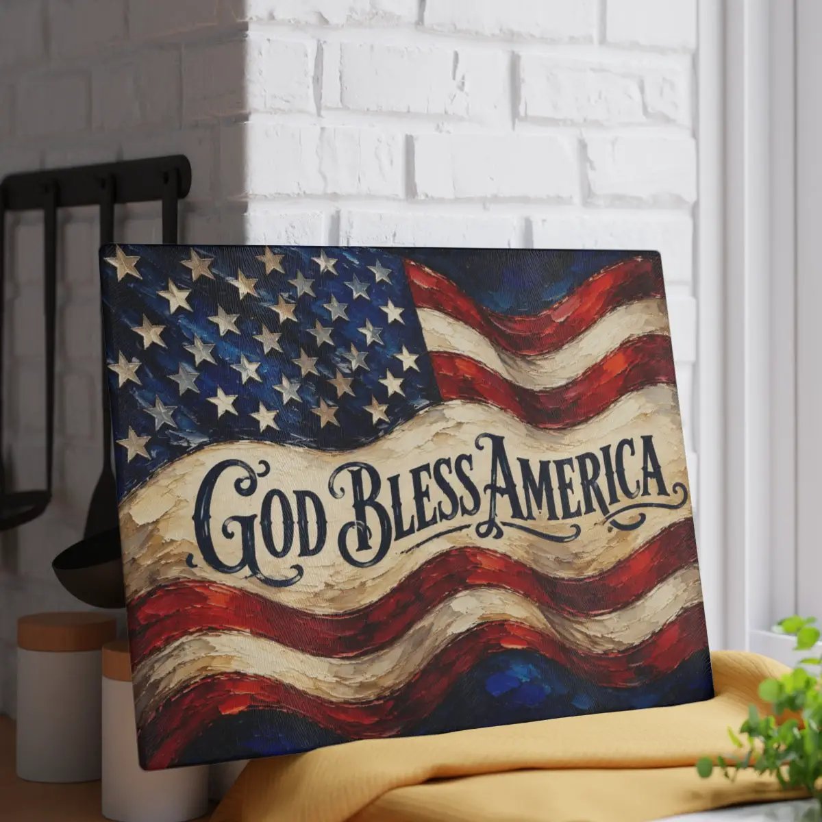 God Bless America Cutting Board, American Flag Glass Cutting Board, Patriotic Kitchen Decor, Christian USA Gift, Americana Home Decor