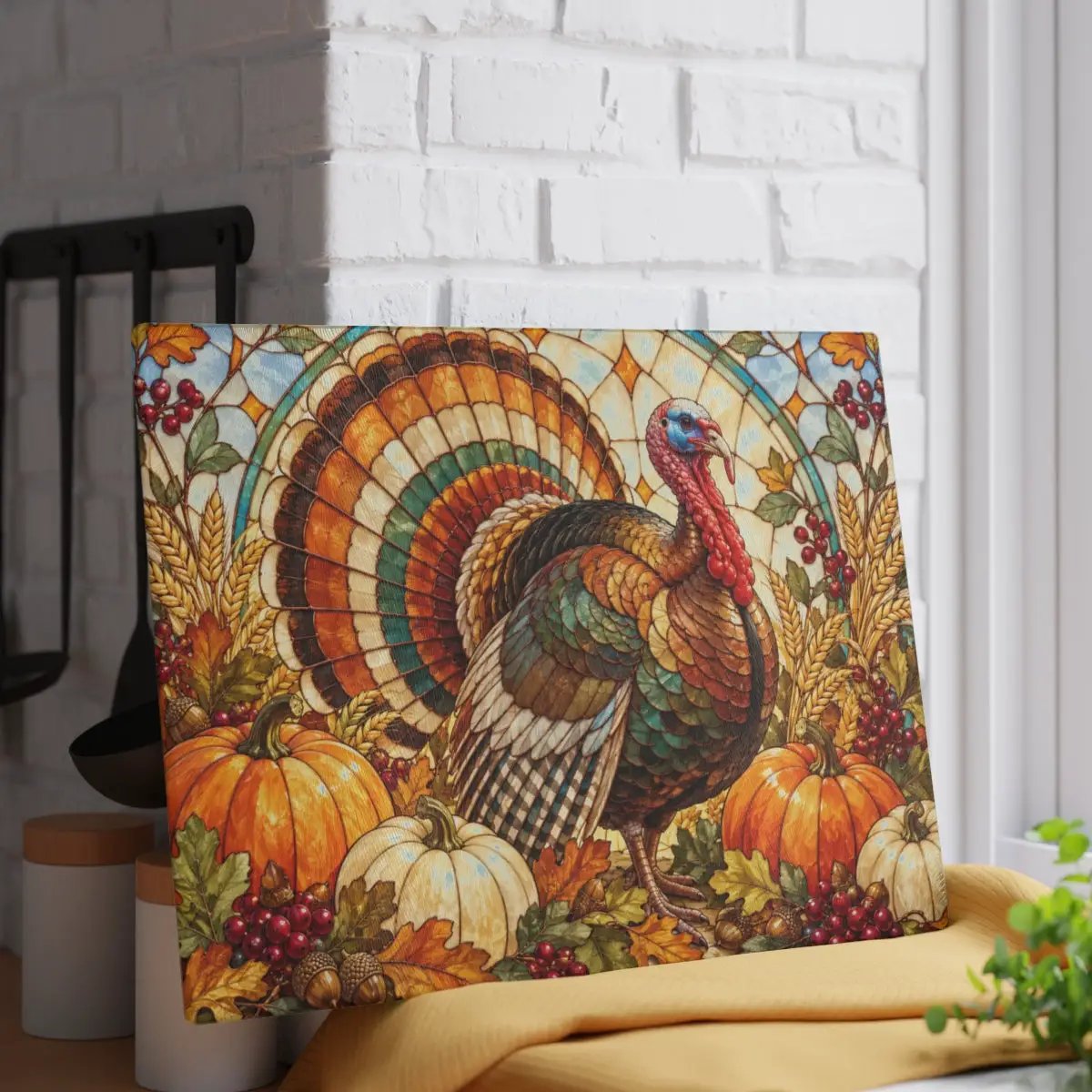 Thanksgiving Turkey Glass Cutting Board, Fall Harvest Kitchen Decor, Pumpkin Turkey Chopping Board, Thanksgiving Hostess Gift