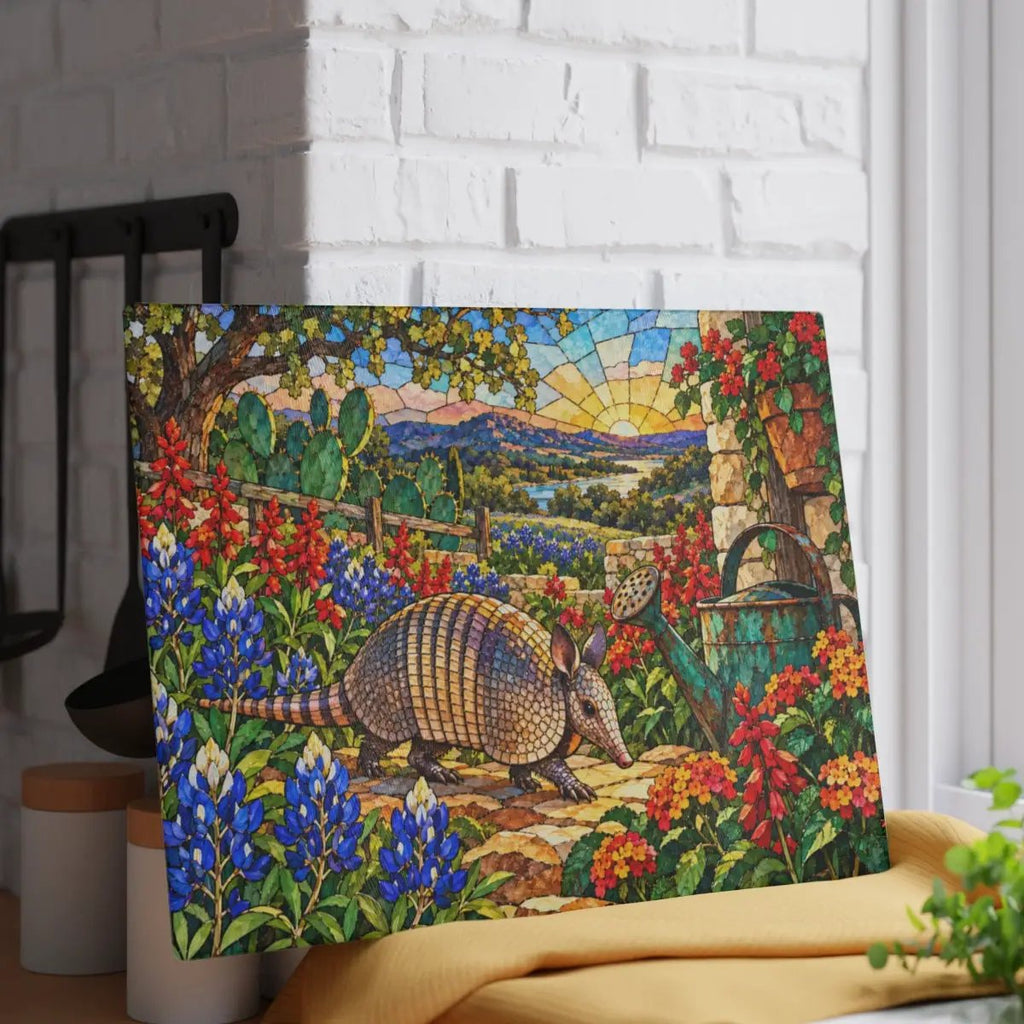 Texas Armadillo Glass Cutting Board, Stained Glass Bluebonnet Kitchen Decor, Colorful Lone Star State Gift