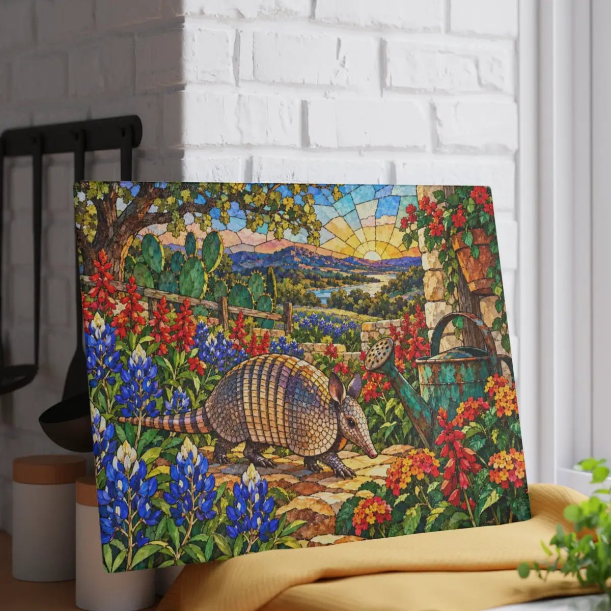 Texas Armadillo Glass Cutting Board, Stained Glass Bluebonnet Kitchen Decor, Colorful Lone Star State Gift
