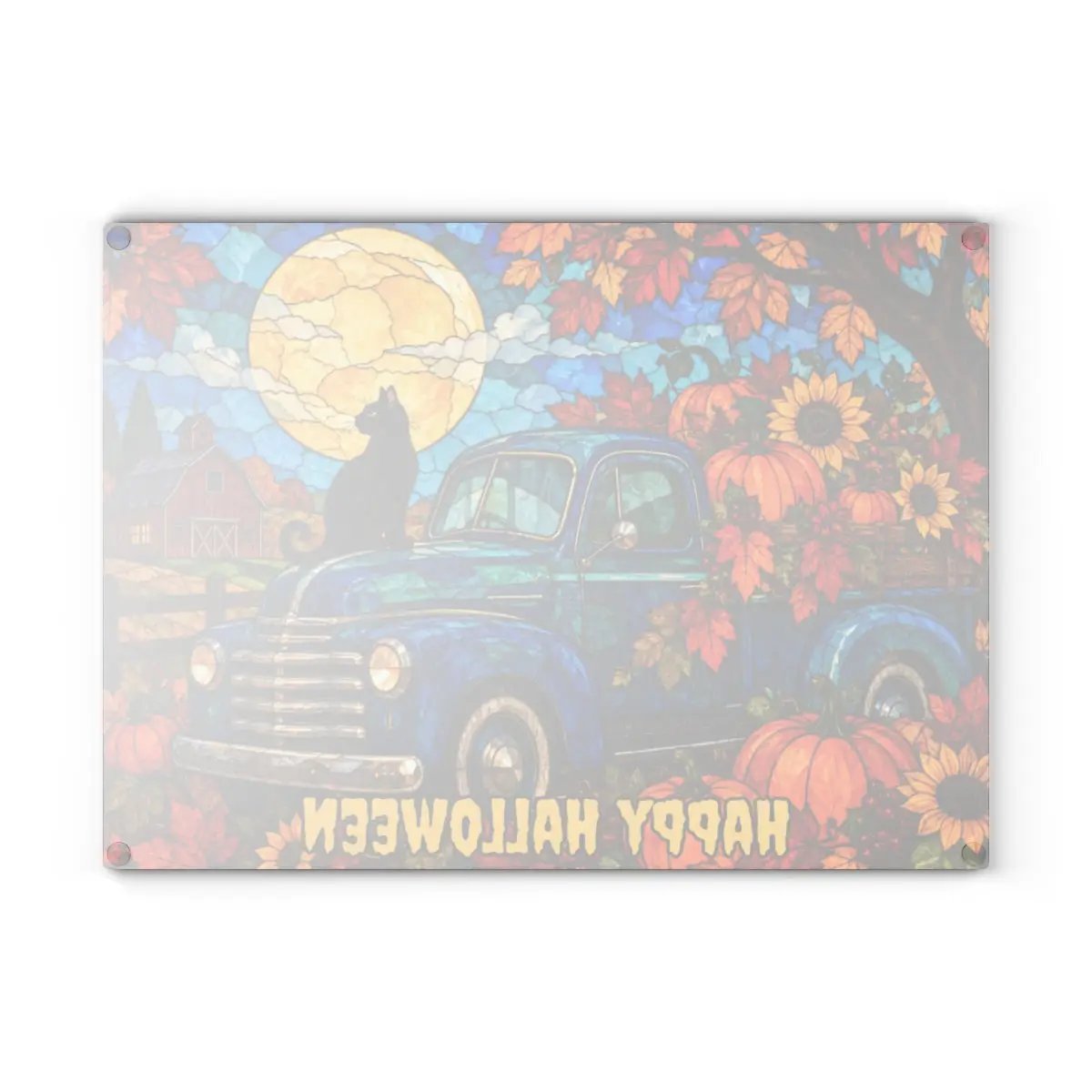 Halloween Fall Truck Personalized Glass Cutting Board, Spooky Pumpkin Kitchen Decor