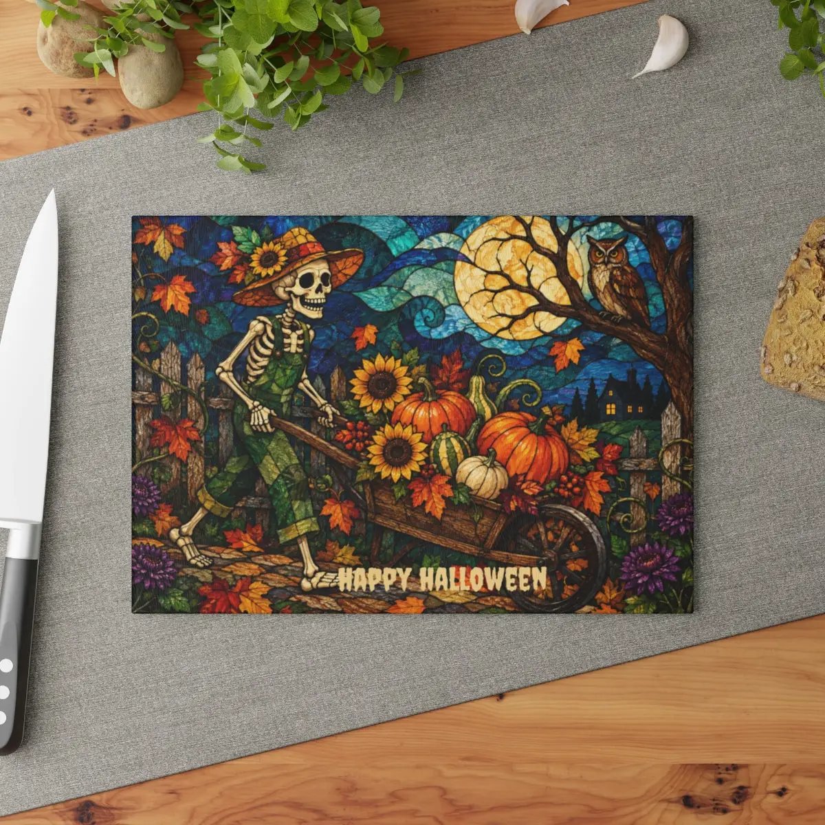 Halloween Personalized Glass Cutting Board, Spooky Pumpkin Farmhouse Kitchen Decor
