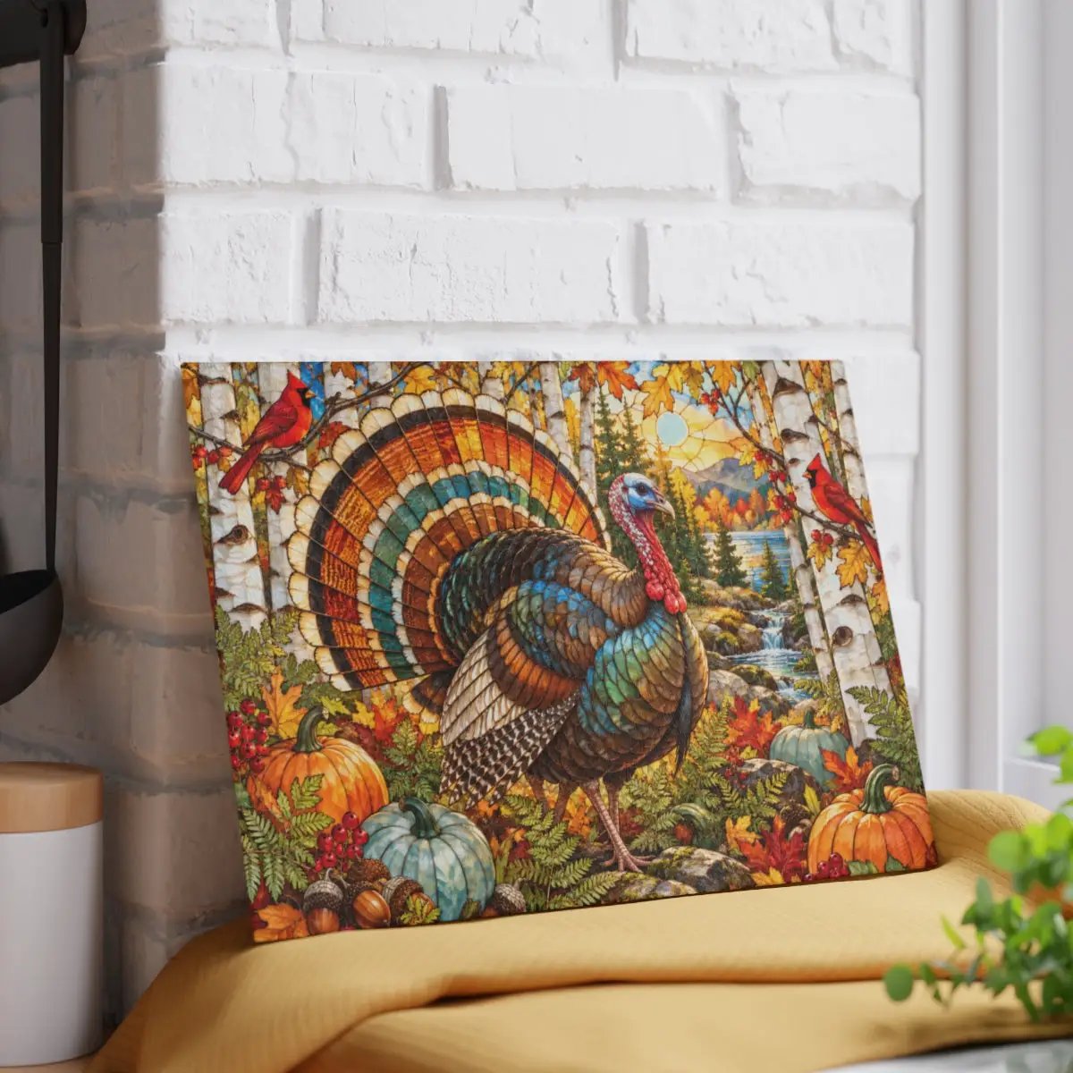 Thanksgiving Turkey Glass Cutting Board, Woodland Turkey Kitchen Decor, Fall Cardinal Birch Forest Cutting Board, Autumn Gift