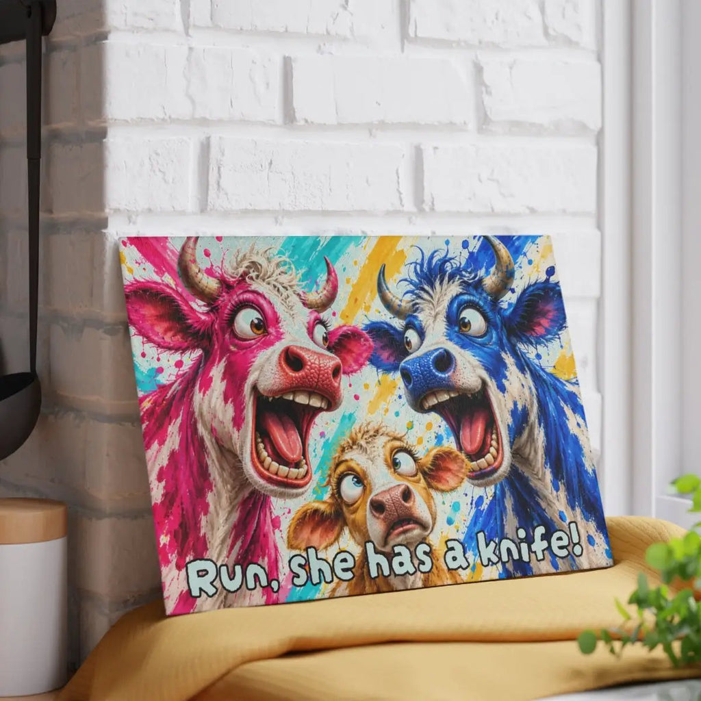 Funny Cow Family Cutting Board, Screaming Cow Kitchen Decor, Colorful Farmhouse Gift, Cow Lover Glass Cutting Board