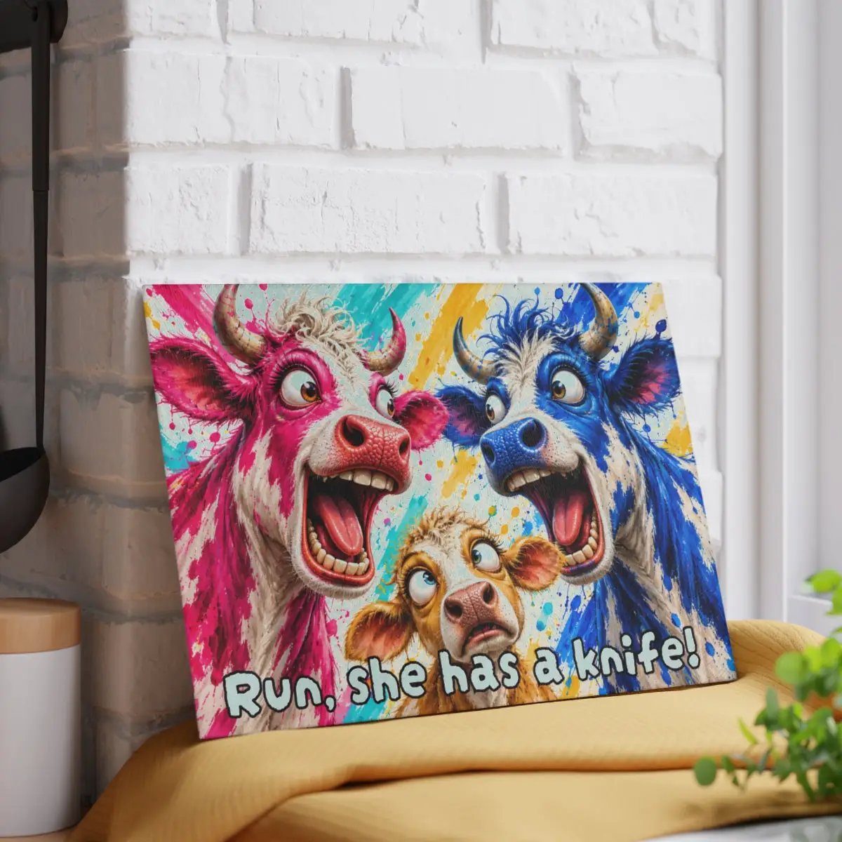 Funny Cow Family Cutting Board, Screaming Cow Kitchen Decor, Colorful Farmhouse Gift, Cow Lover Glass Cutting Board
