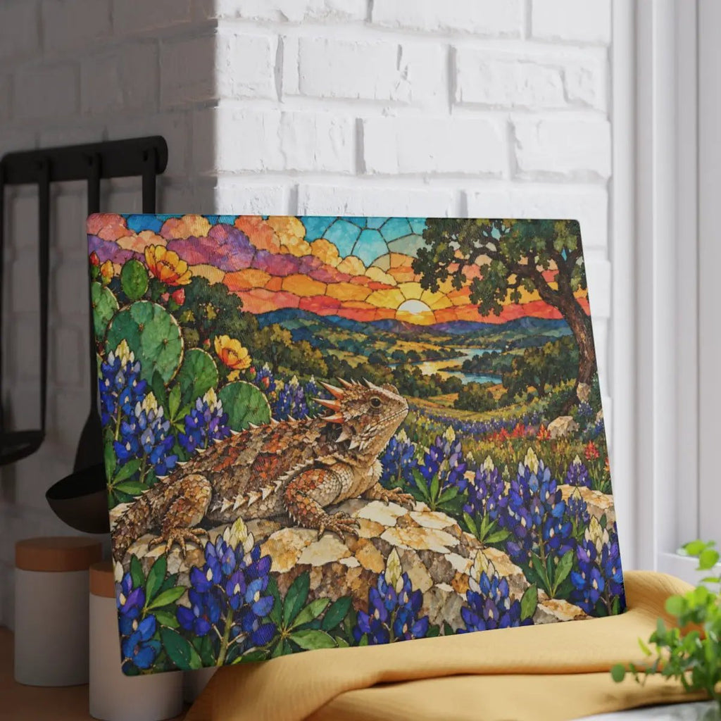 Texas Horned Lizard Glass Cutting Board, Bluebonnet Kitchen Decor, Texas Wildflower Cutting Board, Horny Toad Gift, Texas Housewarming Gift