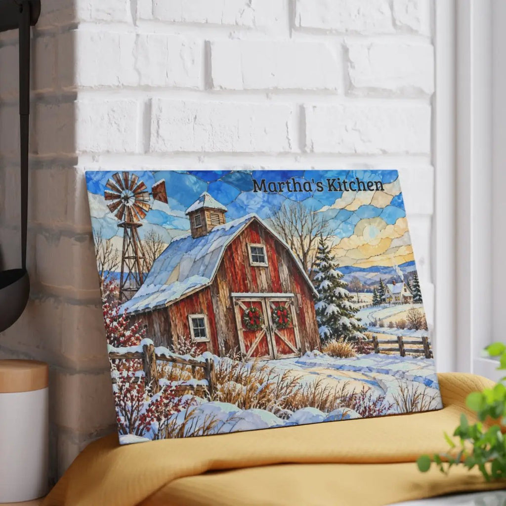 Winter Windmill Farm Glass Cutting Board, Red Barn Country Kitchen Decor, Rustic Farmhouse Christmas Gift