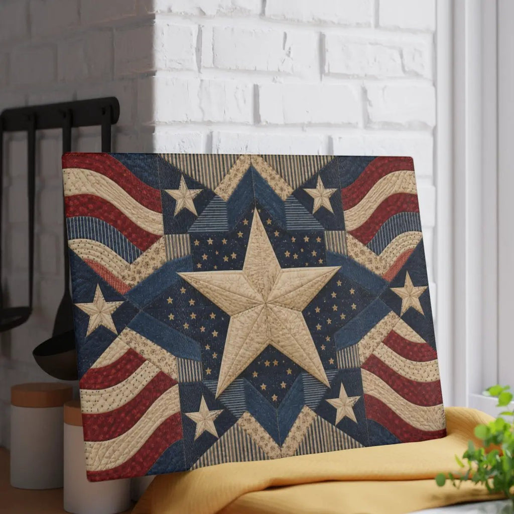 Patriotic Quilt Cutting Board, American Flag Glass Cutting Board, Americana Star Kitchen Decor, Quilter Gift, Red White Blue Decor