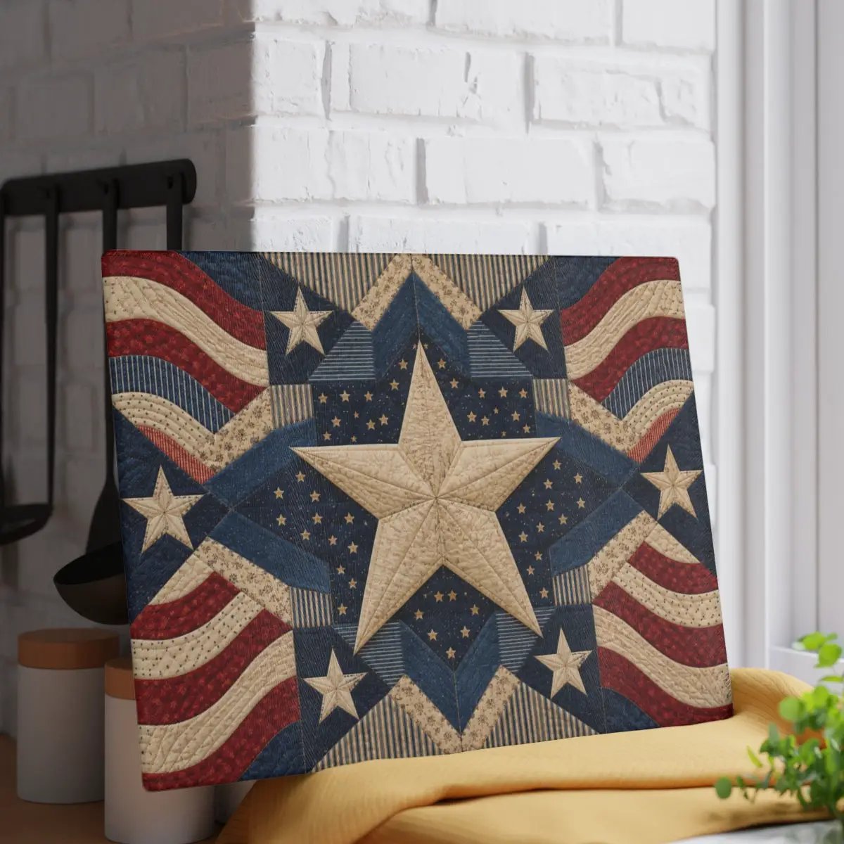 Patriotic Quilt Cutting Board, American Flag Glass Cutting Board, Americana Star Kitchen Decor, Quilter Gift, Red White Blue Decor