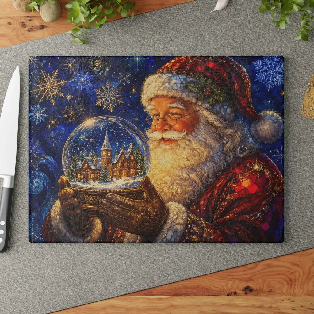 Santa Snow Globe Glass Cutting Board, Stained Glass Christmas Decor, Santa Claus Kitchen Gift, Holiday Serving Board, Christmas Gift