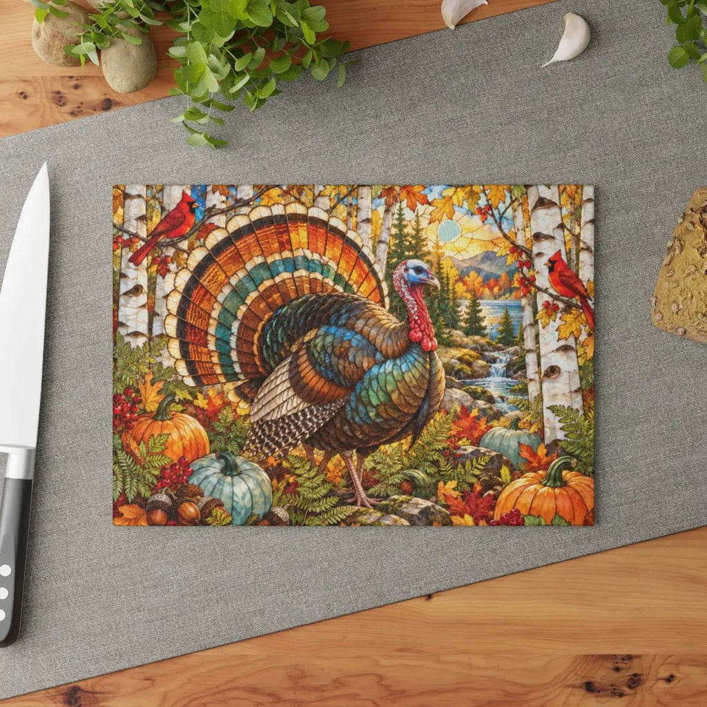 Thanksgiving Turkey Glass Cutting Board, Woodland Turkey Kitchen Decor, Fall Cardinal Birch Forest Cutting Board, Autumn Gift