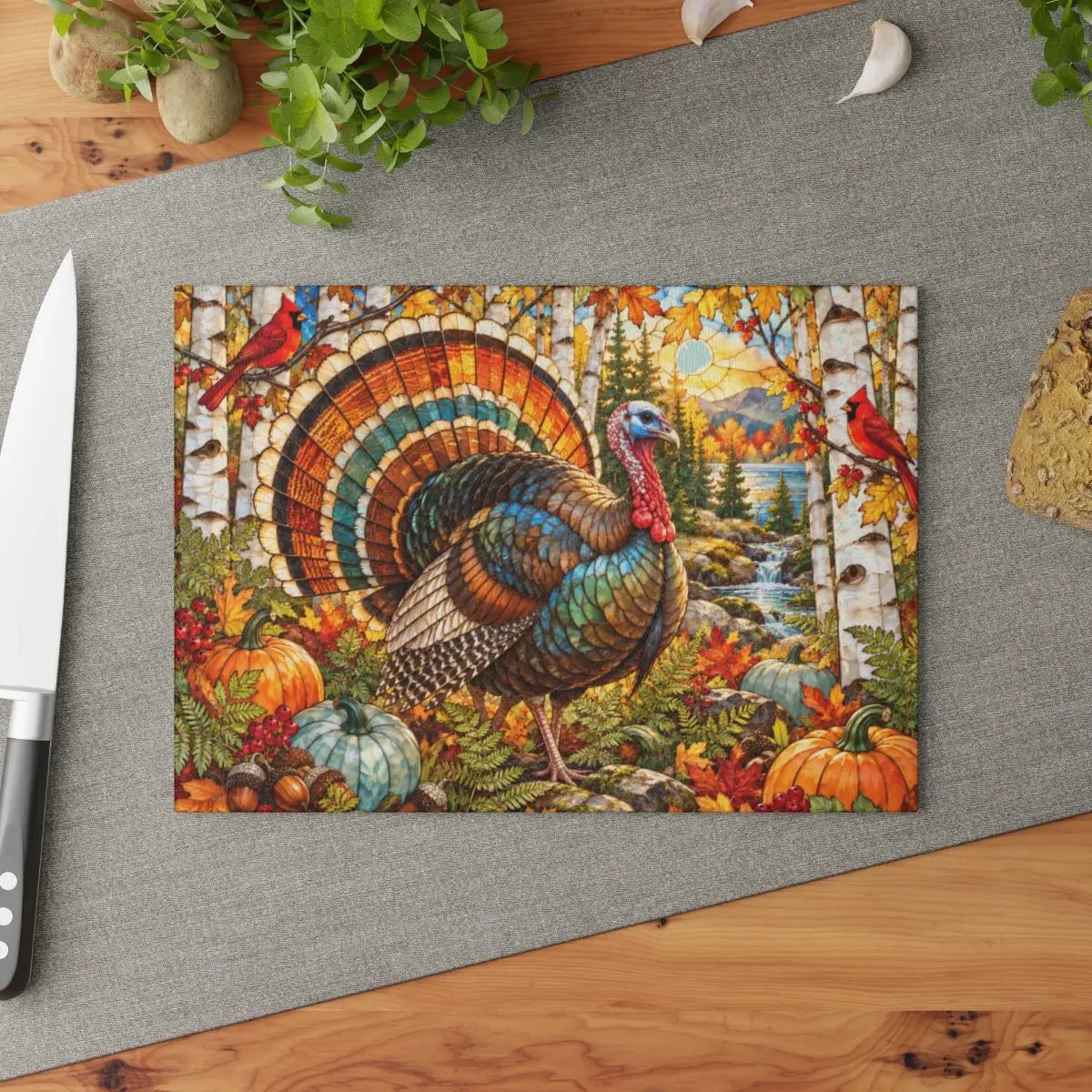 Thanksgiving Turkey Glass Cutting Board, Woodland Turkey Kitchen Decor, Fall Cardinal Birch Forest Cutting Board, Autumn Gift