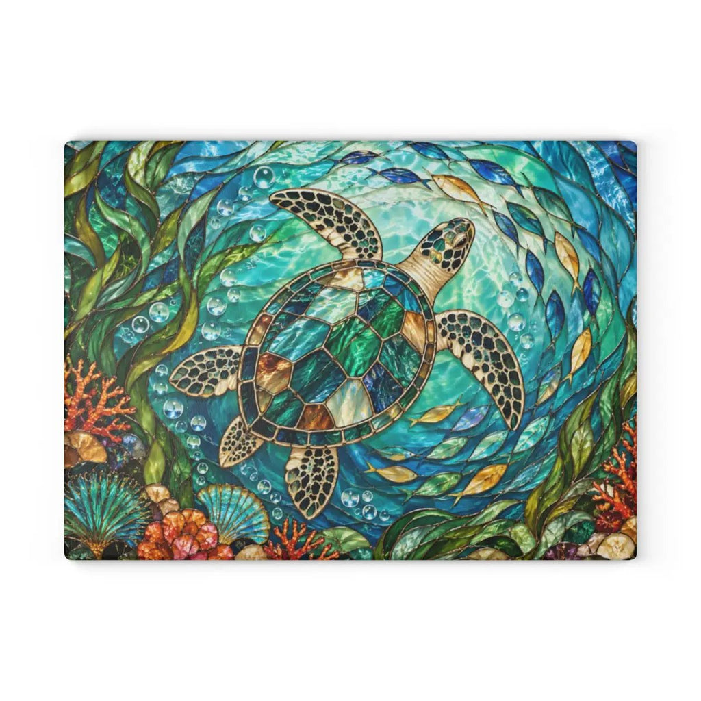 Sea Turtle Glass Cutting Board, Ocean Kitchen Decor, Coastal Serving Board, Underwater Sea Life Chopping Board, Beach House Gift Idea