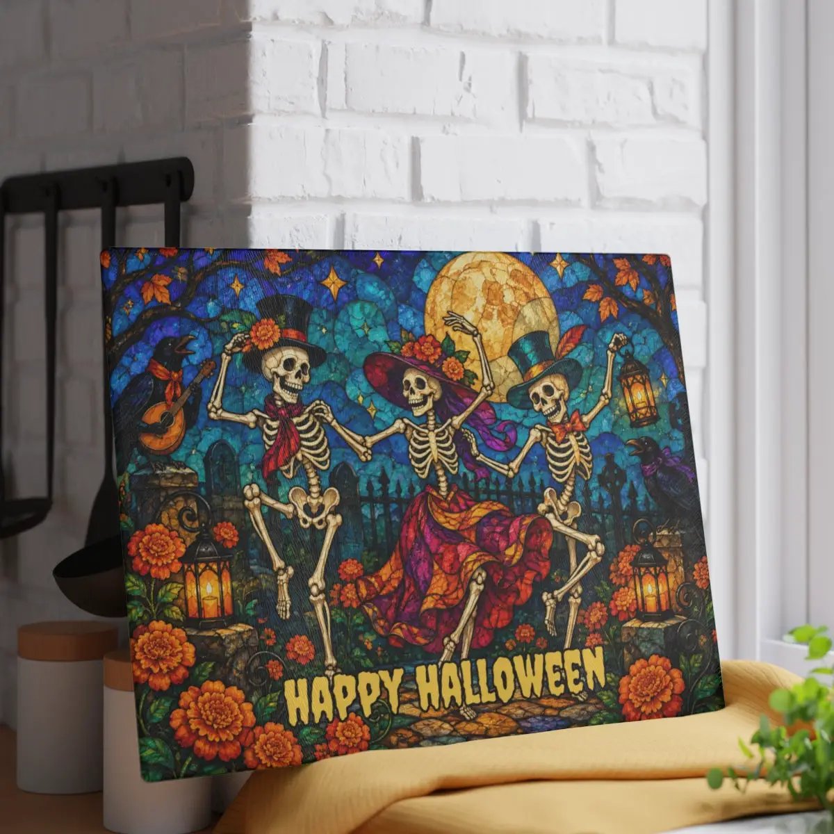 Halloween Dancing Skeletons Personalized Glass Cutting Board, Spooky Pumpkin Kitchen Decor