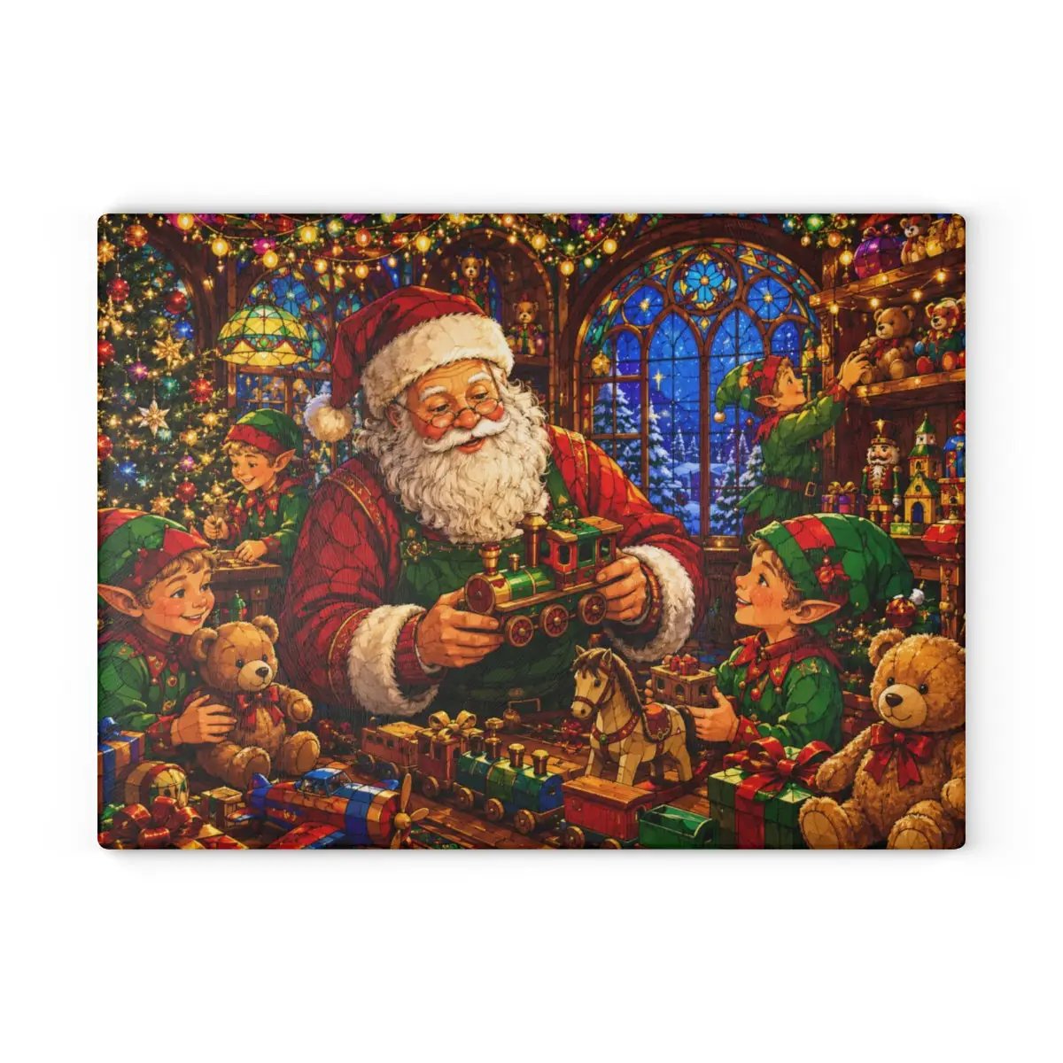 Santa Workshop Glass Cutting Board, Christmas Kitchen Decor, Santa and Elves Stained Glass Art, Holiday Serving Board, Christmas Gift