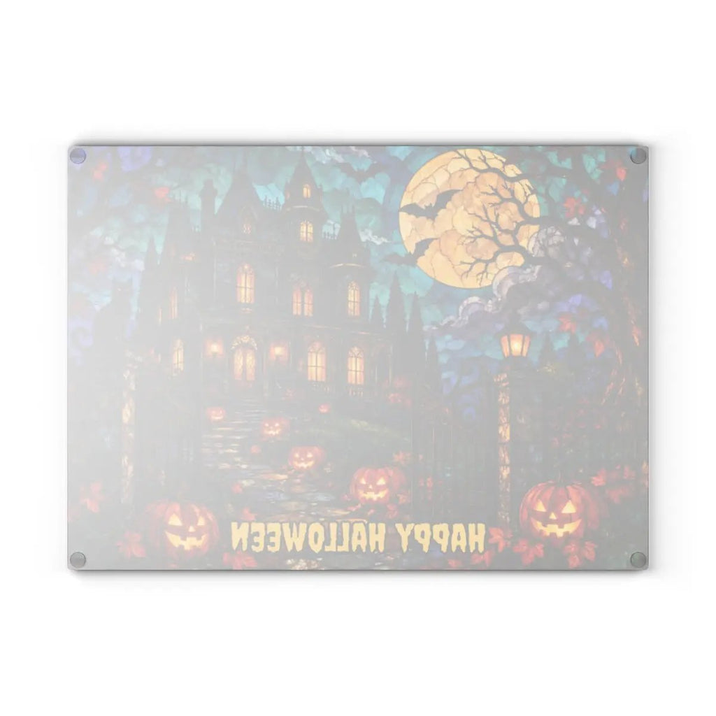 Halloween Haunted Mansion Personalized Glass Cutting Board, Spooky Pumpkin Kitchen Decor