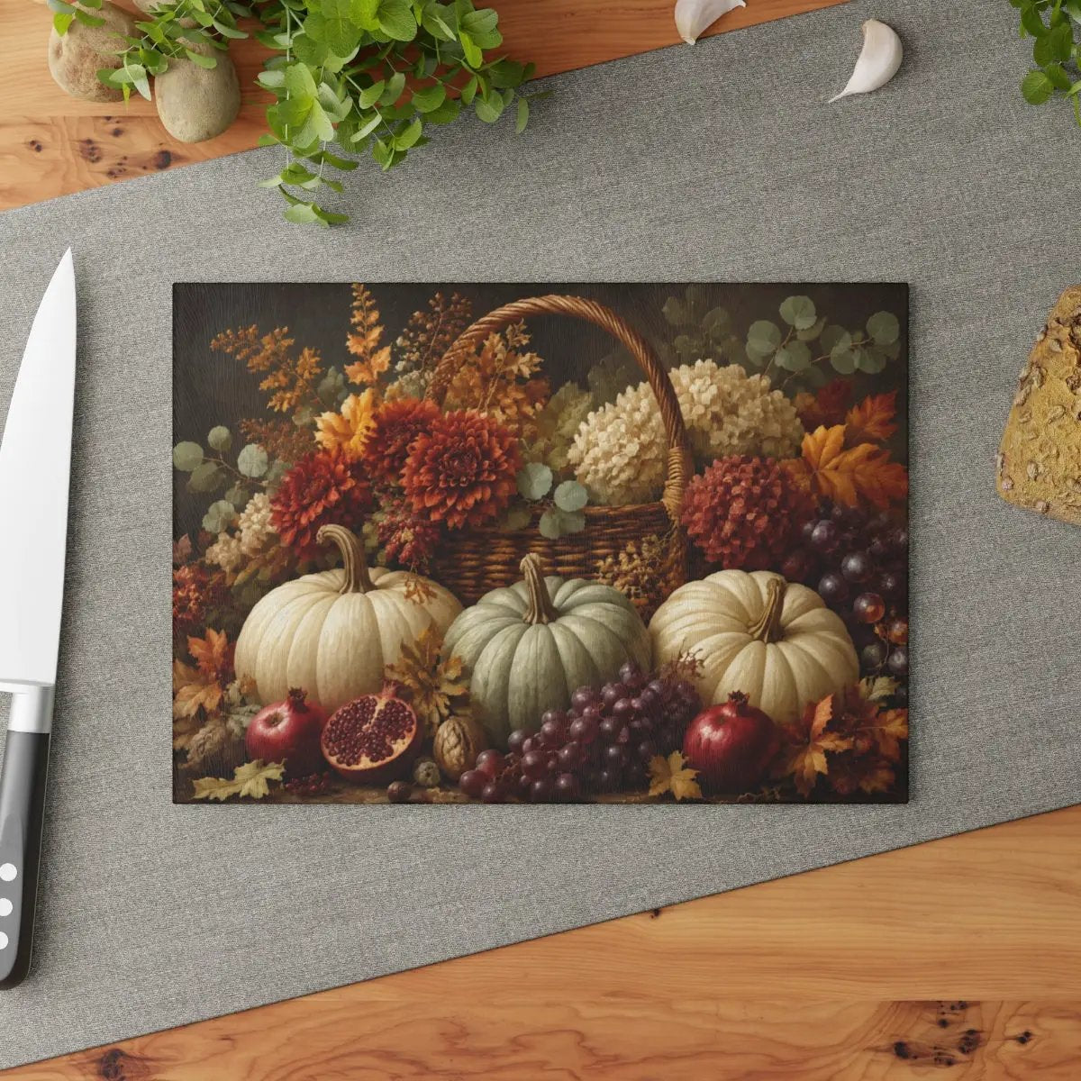 White Pumpkin Glass Cutting Board, Elegant Fall Kitchen Decor, Autumn Floral Cutting Board, Thanksgiving Hostess Gift