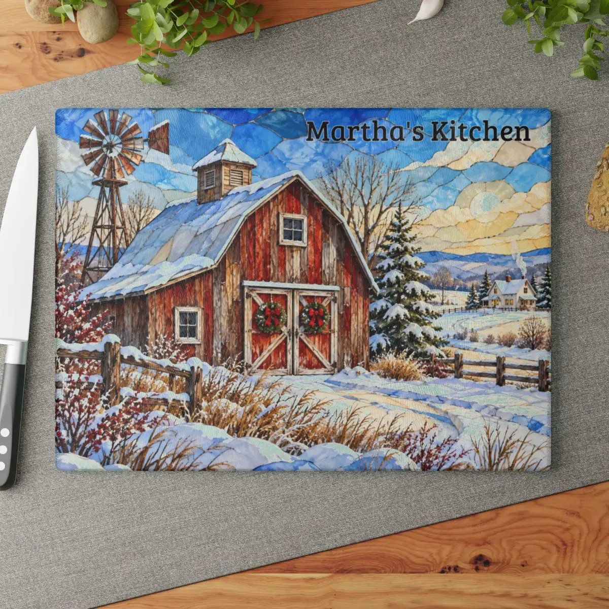 Winter Windmill Farm Glass Cutting Board, Red Barn Country Kitchen Decor, Rustic Farmhouse Christmas Gift