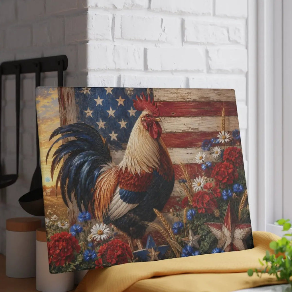 Patriotic Rooster Cutting Board, American Flag Glass Cutting Board, Farmhouse Kitchen Decor, Americana Rooster Gift, Country Kitchen