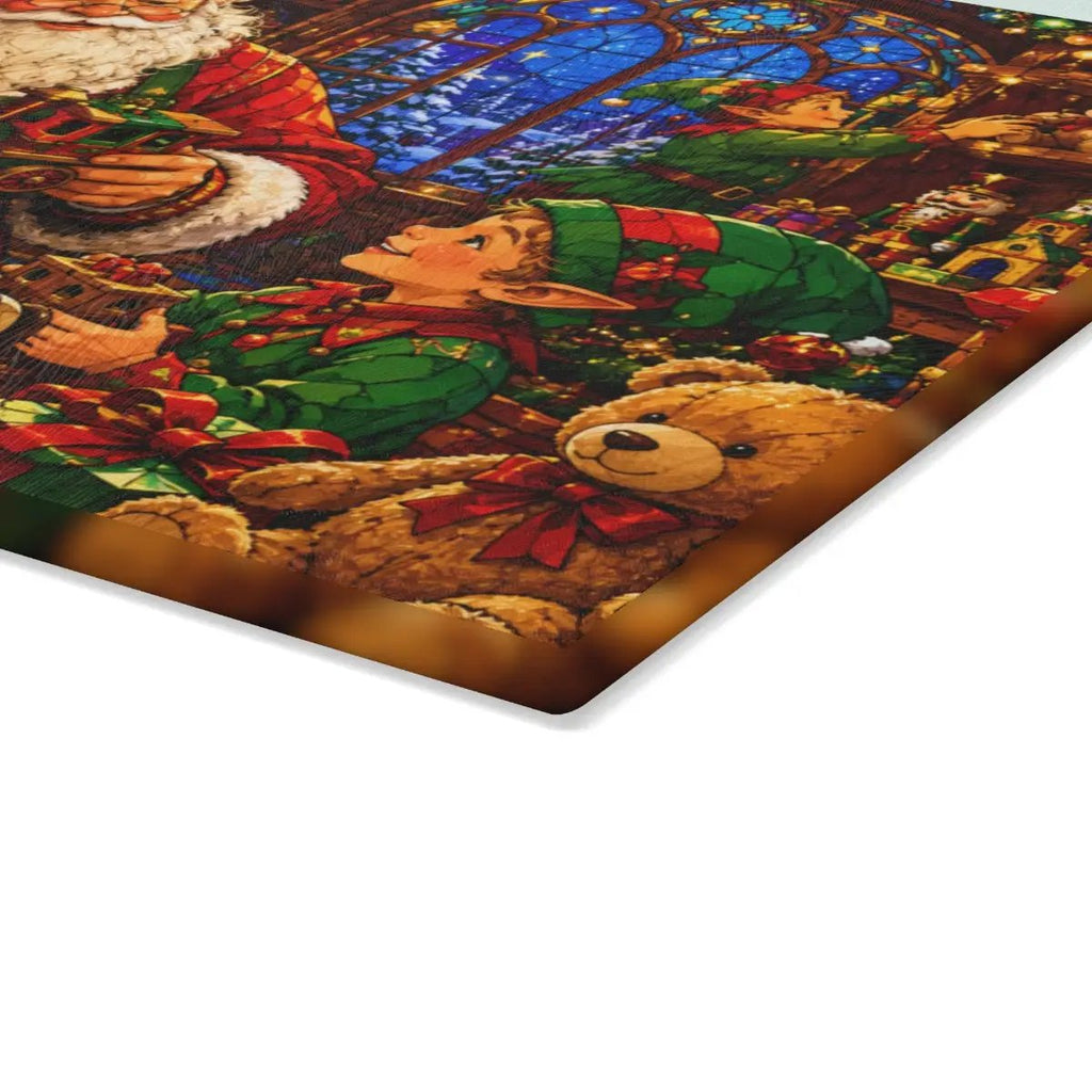 Santa Workshop Glass Cutting Board, Christmas Kitchen Decor, Santa and Elves Stained Glass Art, Holiday Serving Board, Christmas Gift