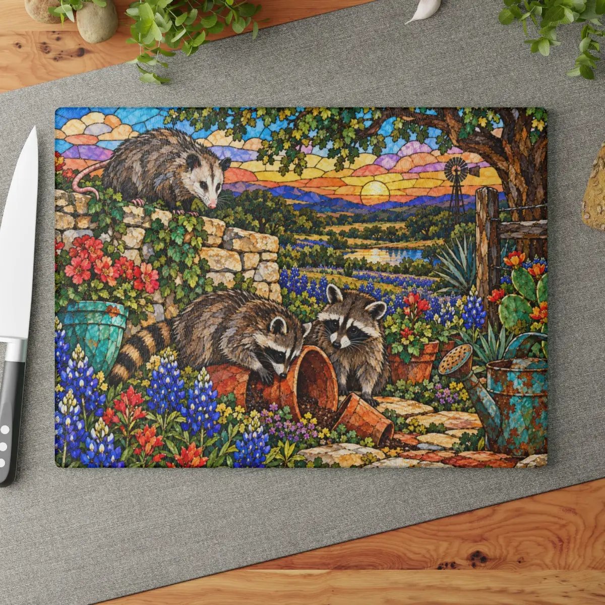 Mischief Opossum Glass Cutting Board, Texas Wildlife Kitchen Decor, Bluebonnet Possum Art, Funny Country Kitchen Gift, Texas Gift