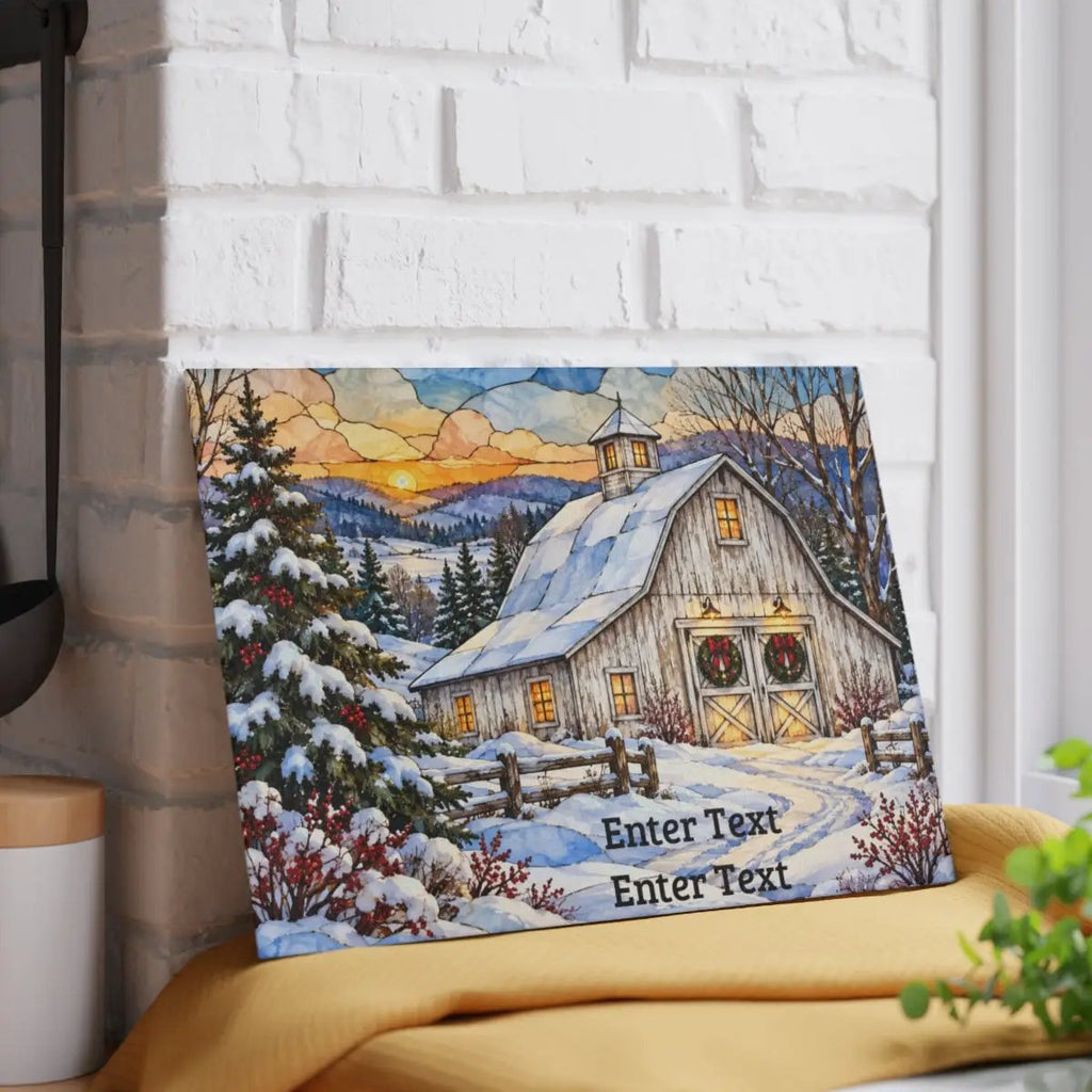 White Barn Glass Cutting Board, Christmas Farmhouse Decor, Winter Country Kitchen, Rustic Holiday Gift, Snowy Barn Christmas Decor