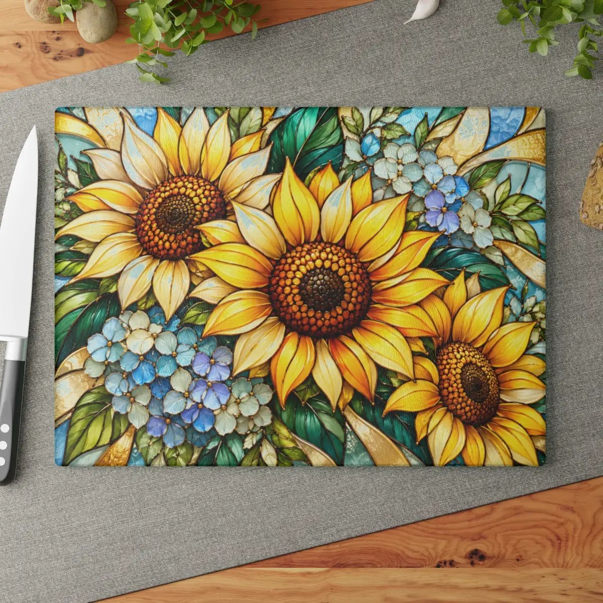Sunflower Glass Cutting Board, Blue Hydrangea Kitchen Decor, Yellow Floral Cutting Board, Flower Lover Gift, Stained Glass Kitchen Art