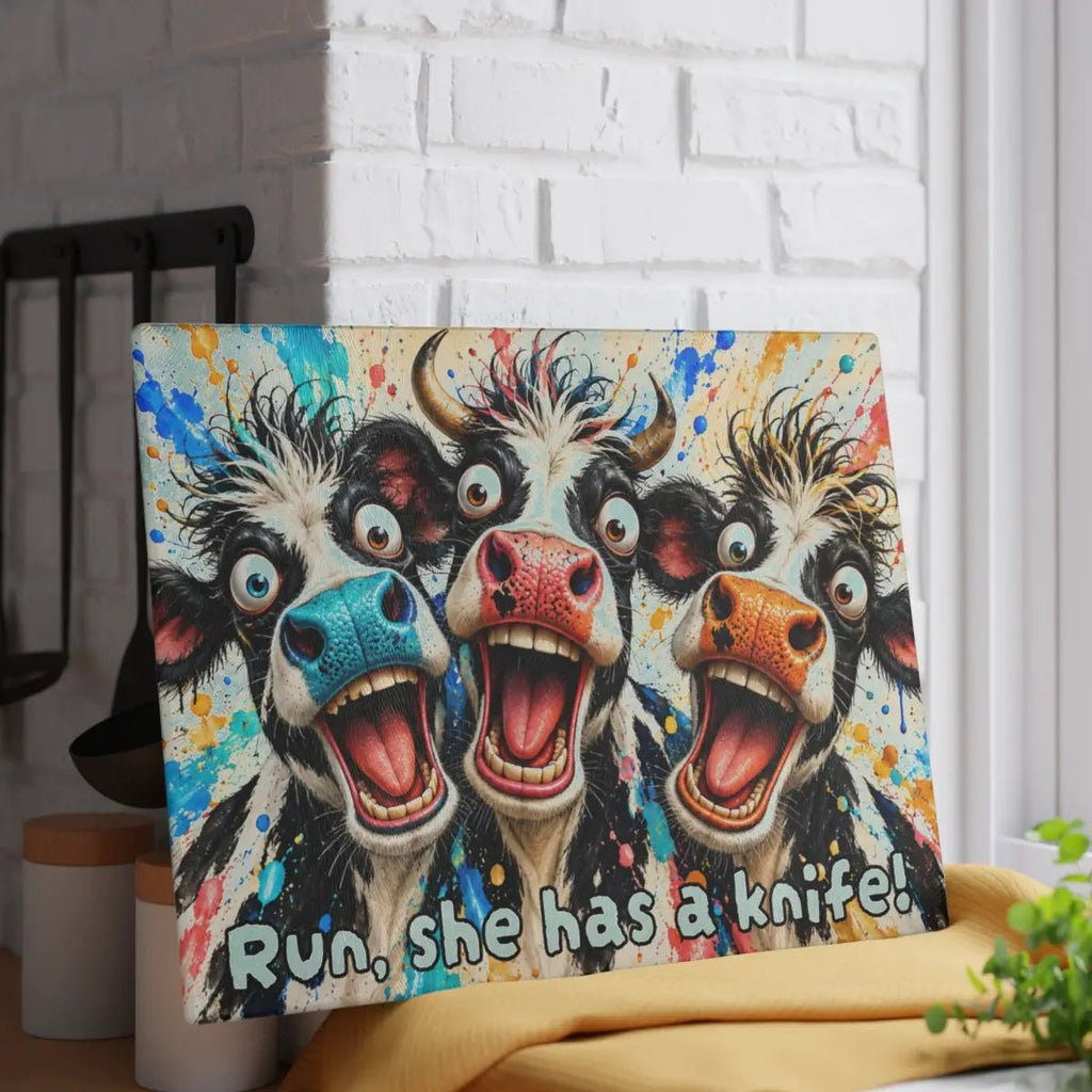 Funny Screaming Cow Glass Cutting Board, Colorful Cow Kitchen Decor, Cow Lover Gift, Funny Farmhouse Gift