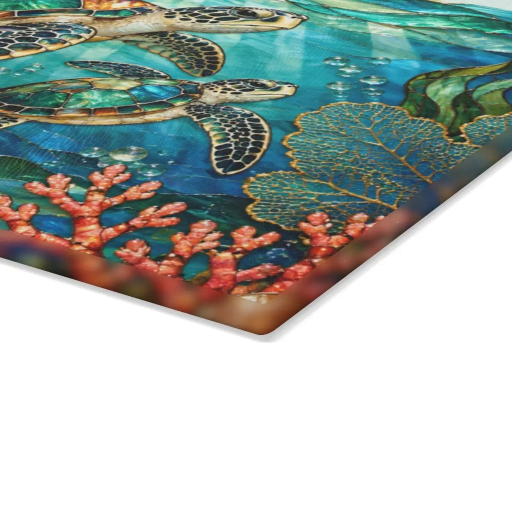 Sea Turtle Cutting Board, Ocean Kitchen Decor, Marine Life Glass Chopping Board, Coastal Sea Turtle Gift, Coral Reef Kitchen Art Piece