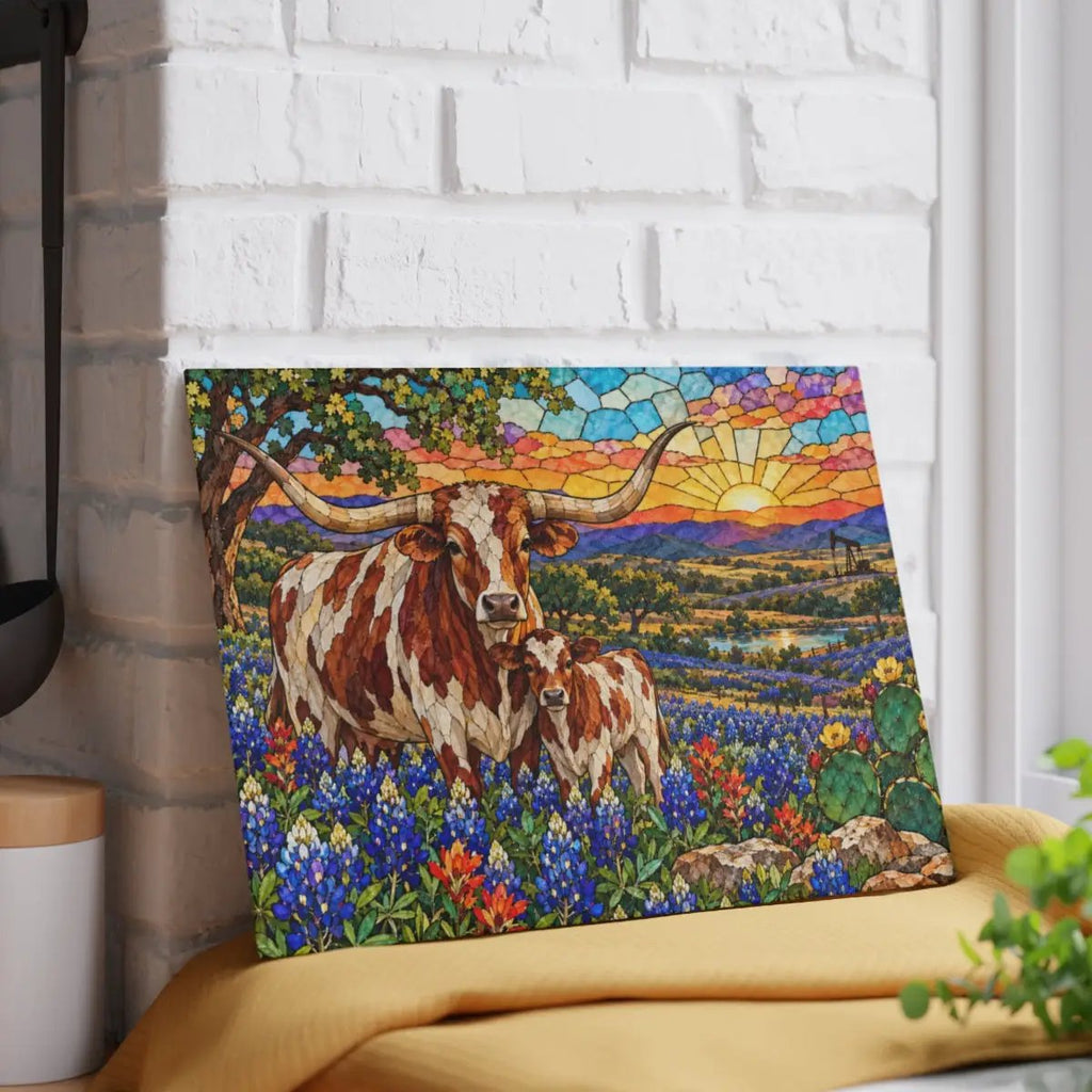 Texas Longhorn Glass Cutting Board, Cow and Calf Bluebonnet Kitchen Decor, Western Ranch Gift, Texas Kitchen Decor, Stained Glass Style