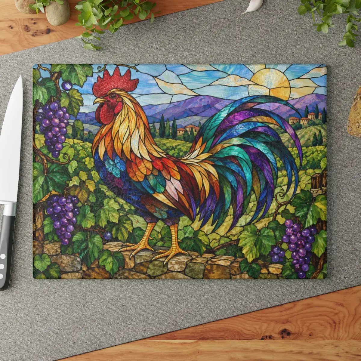 Rooster Glass Cutting Board, Vineyard Kitchen Decor, Colorful Stained Glass Rooster, Tuscan Country Kitchen Gift, Grape Vine Decor