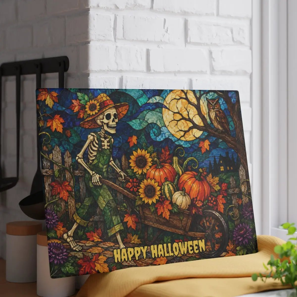 Halloween Personalized Glass Cutting Board, Spooky Pumpkin Farmhouse Kitchen Decor
